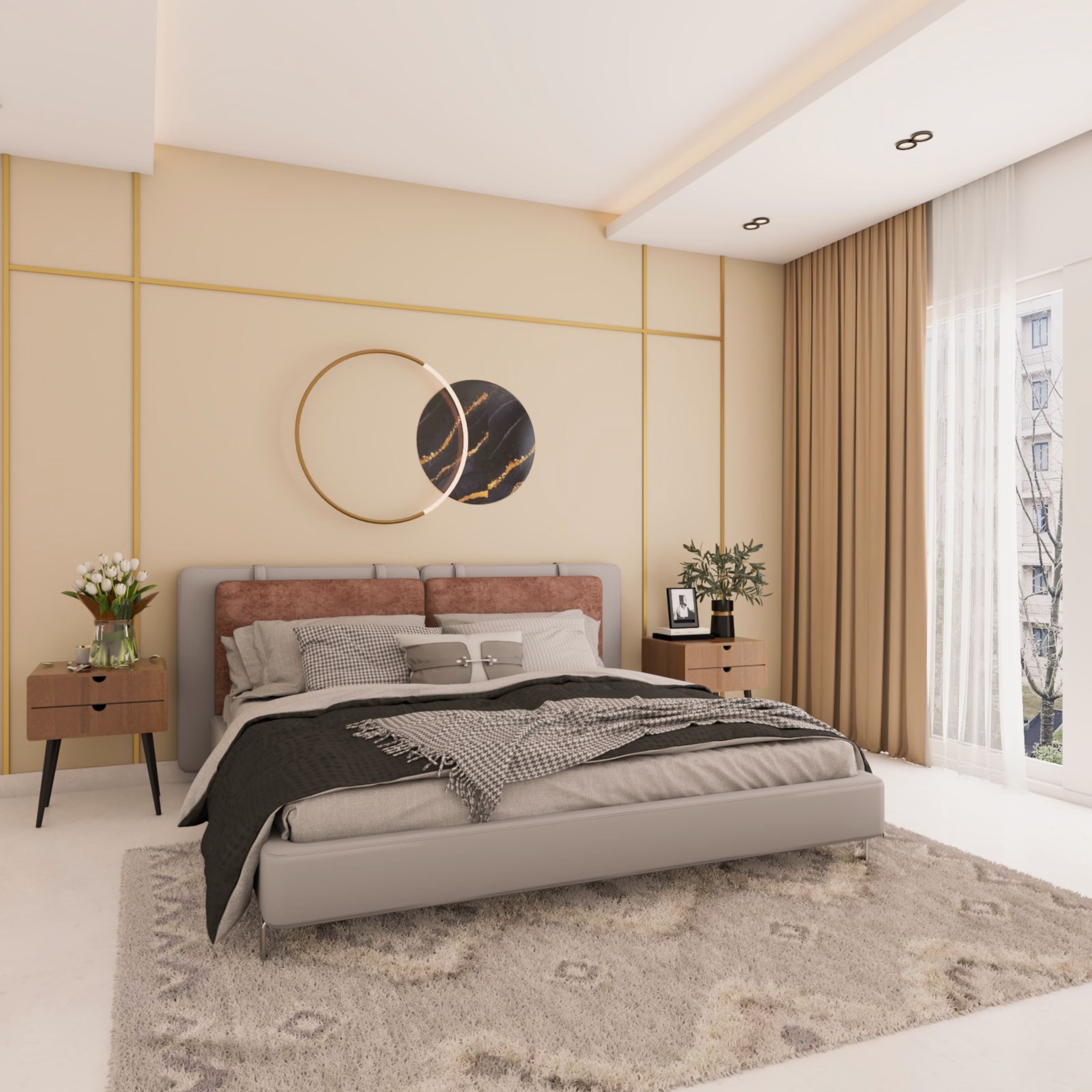 Minimal Master Bedroom Design With Beige Accent Wall And Gold Panelling