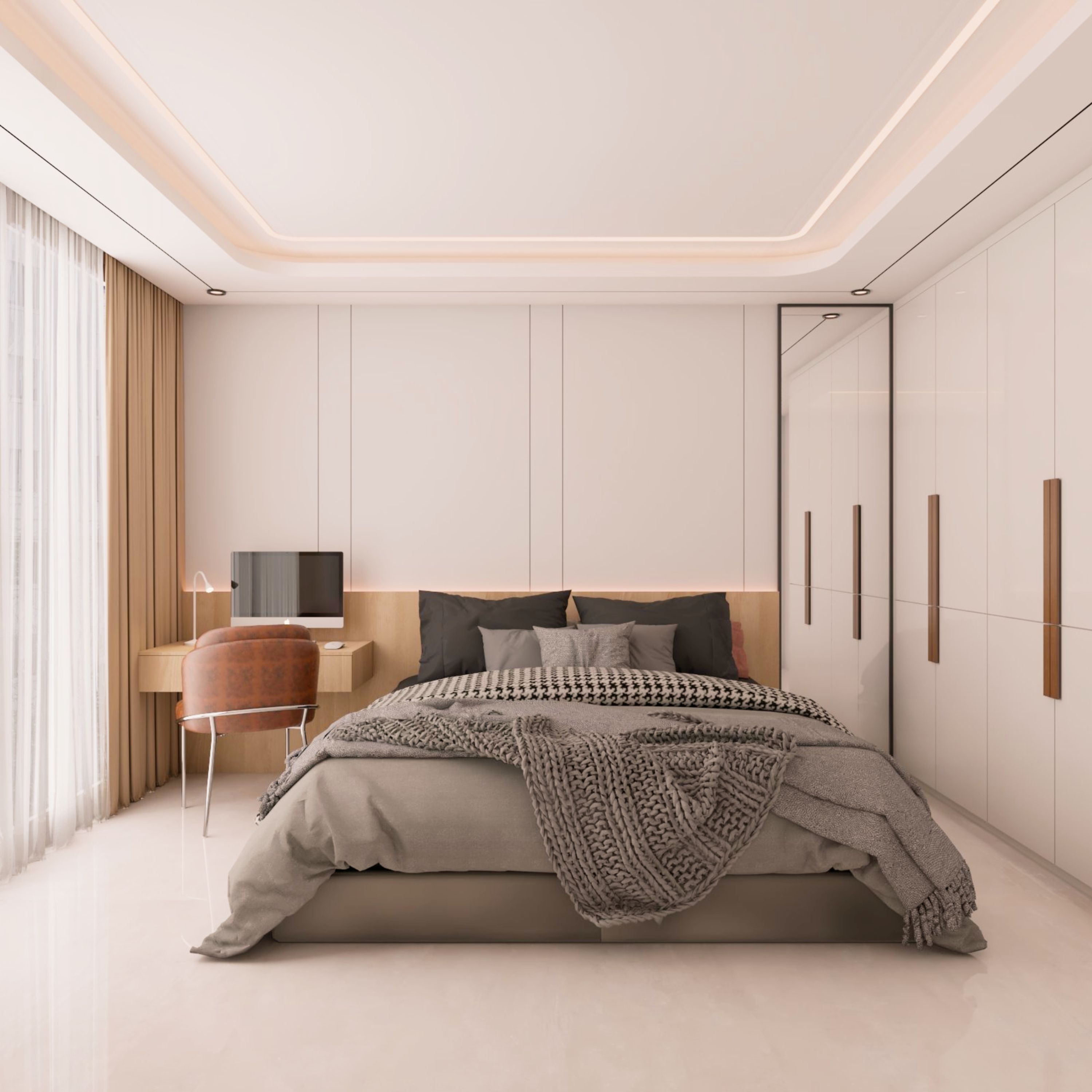 Scandinavian Master Bedroom Design With Grey Bed And 4-Door White Swing Wardrobe