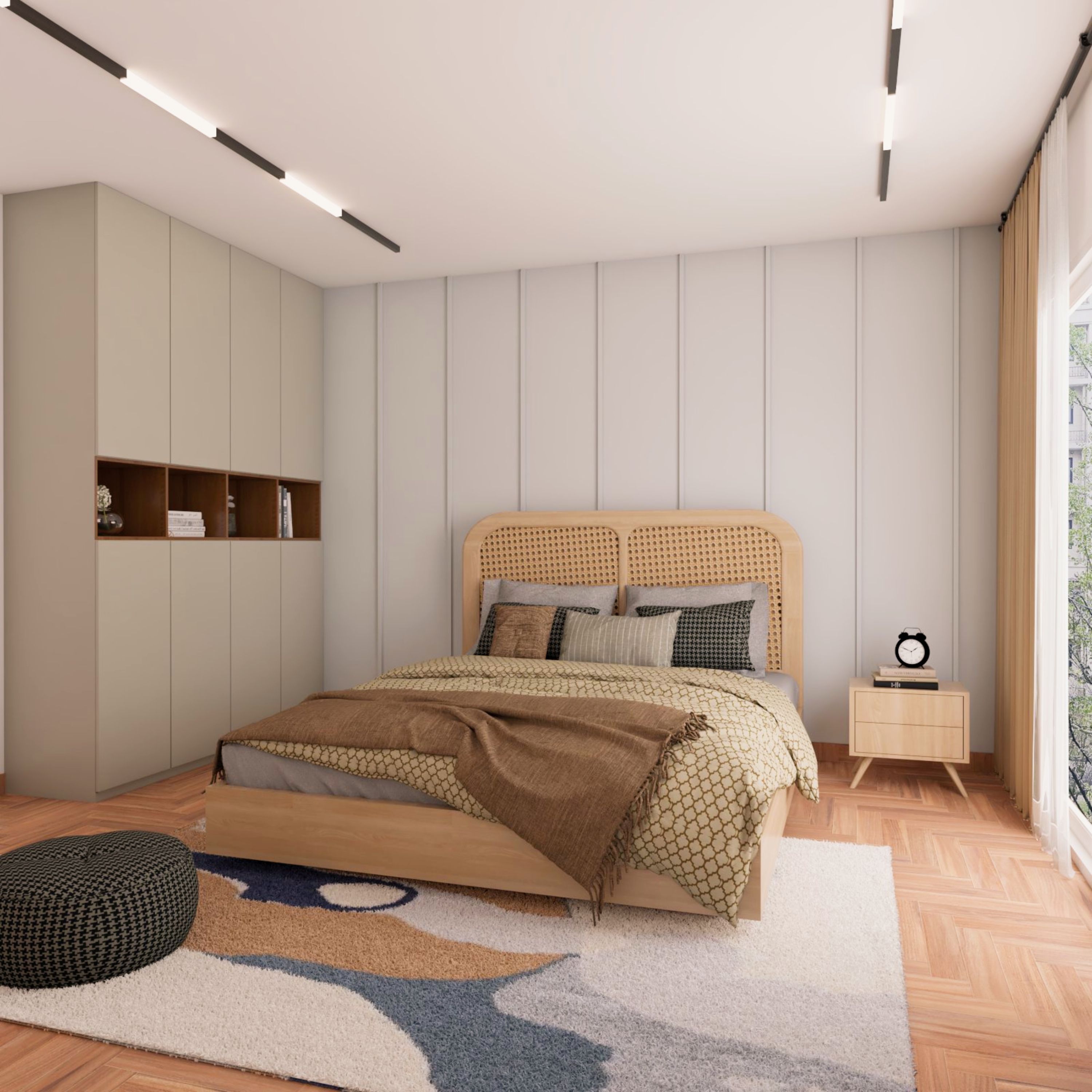 Minimal Master Bedroom Design With Wooden Bed And 4-Door Grey Wardrobe