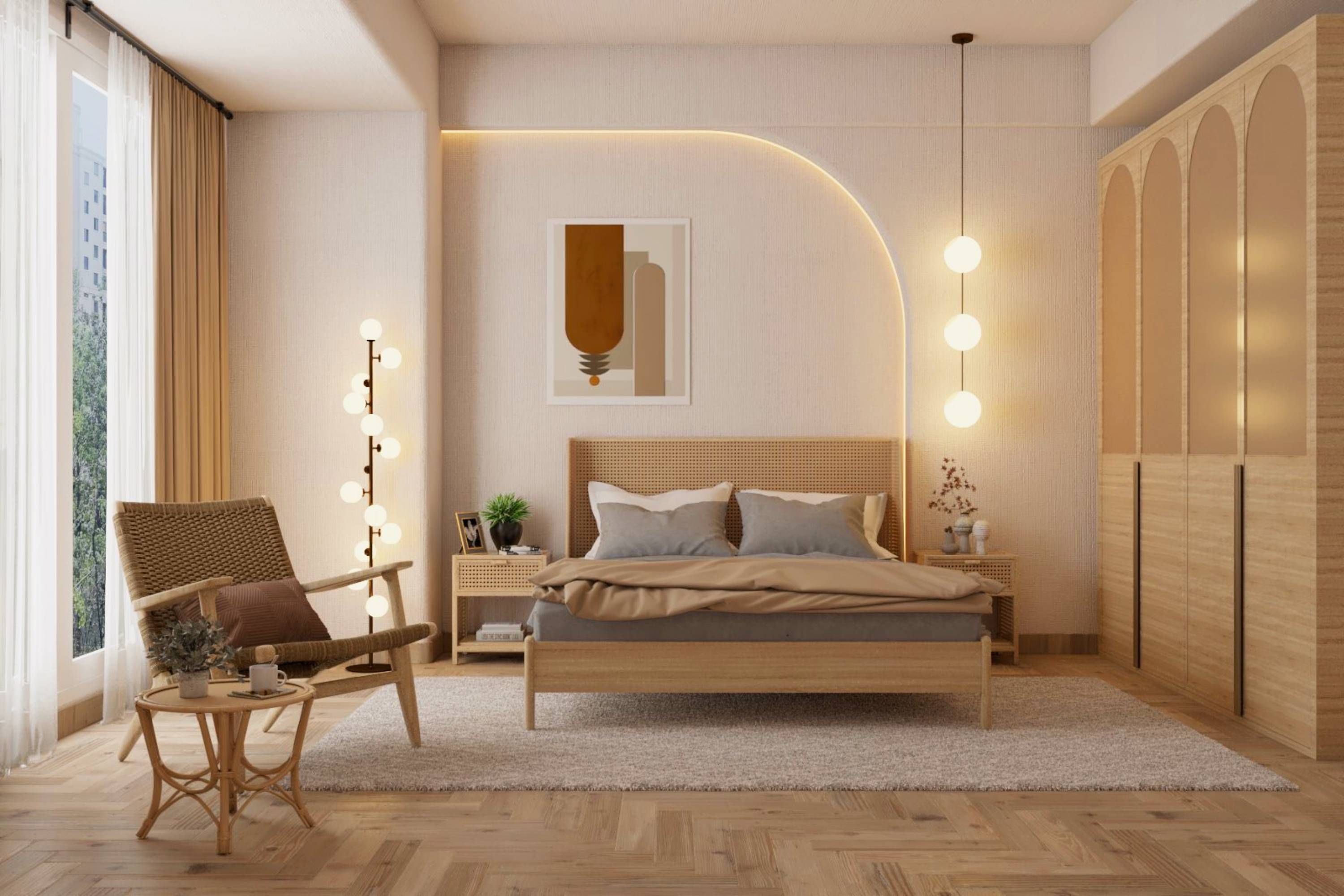 Scandinavian Wood And Wicker Master Bedroom Design With 4-Door Swing Wardrobe