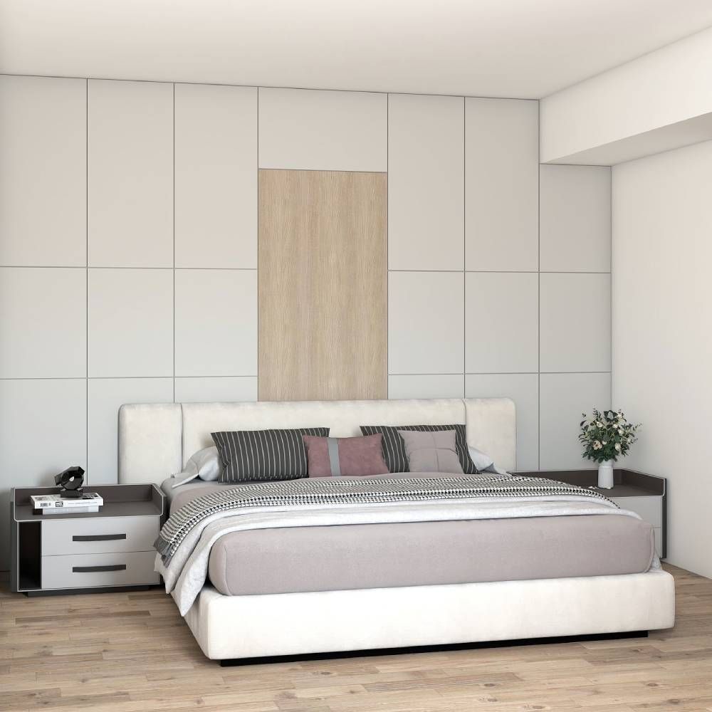 Minimal Master Bedroom Design With White And Wood Panelled Accent Wall