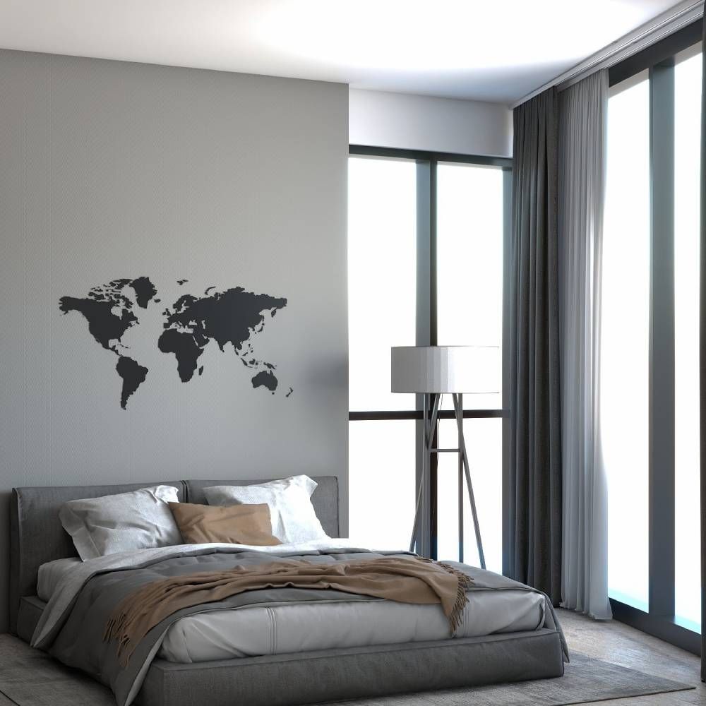 Contemporary Master Bedroom Design With Queen-Sized Grey Bed And World Map Wall Art