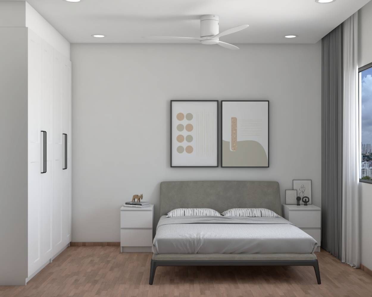 Minimal Grey And White Master Bedroom Design With 4-Door White Swing Wardrobe