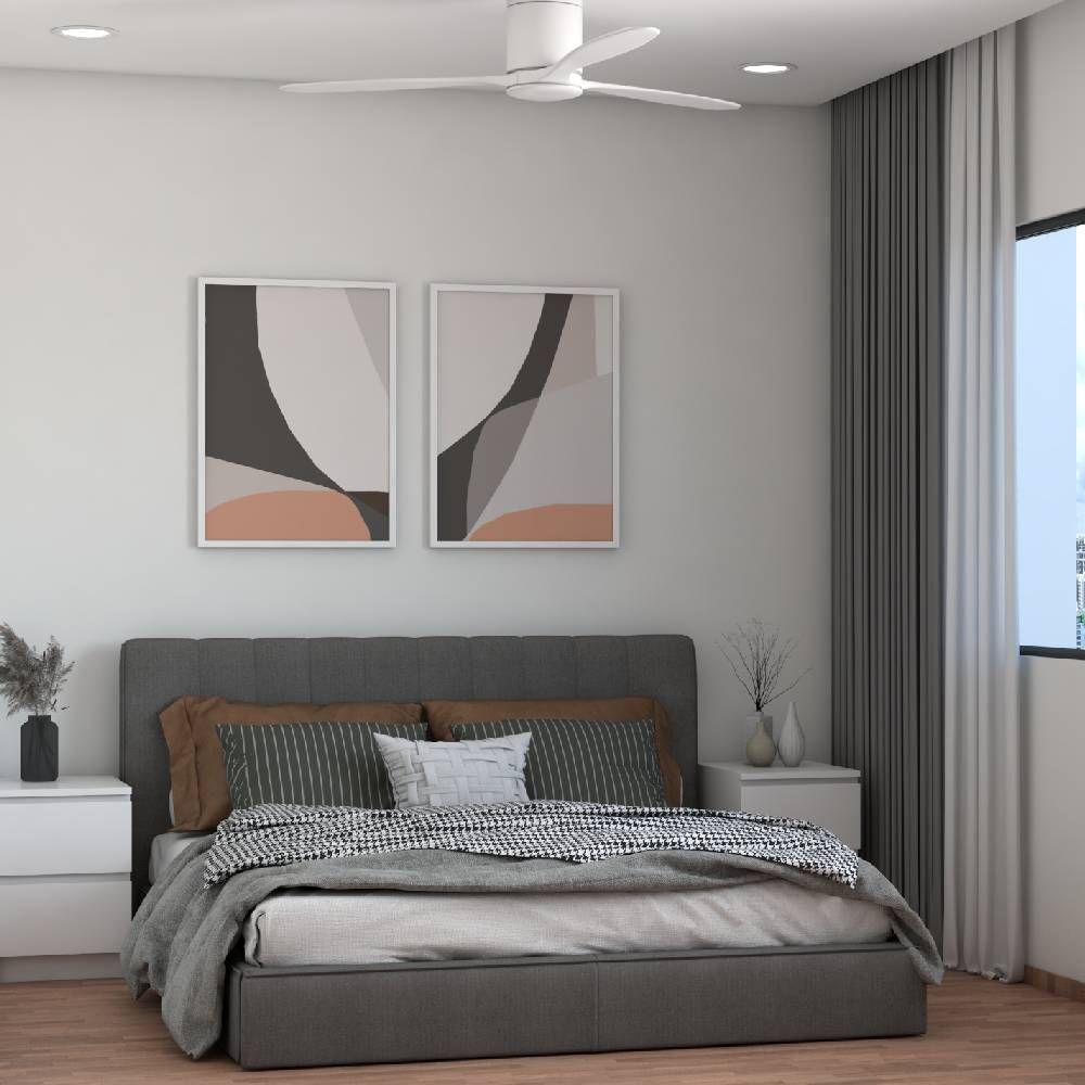 Contemporary Master Bedroom Design With Dark Grey Headboard And White Side Tables