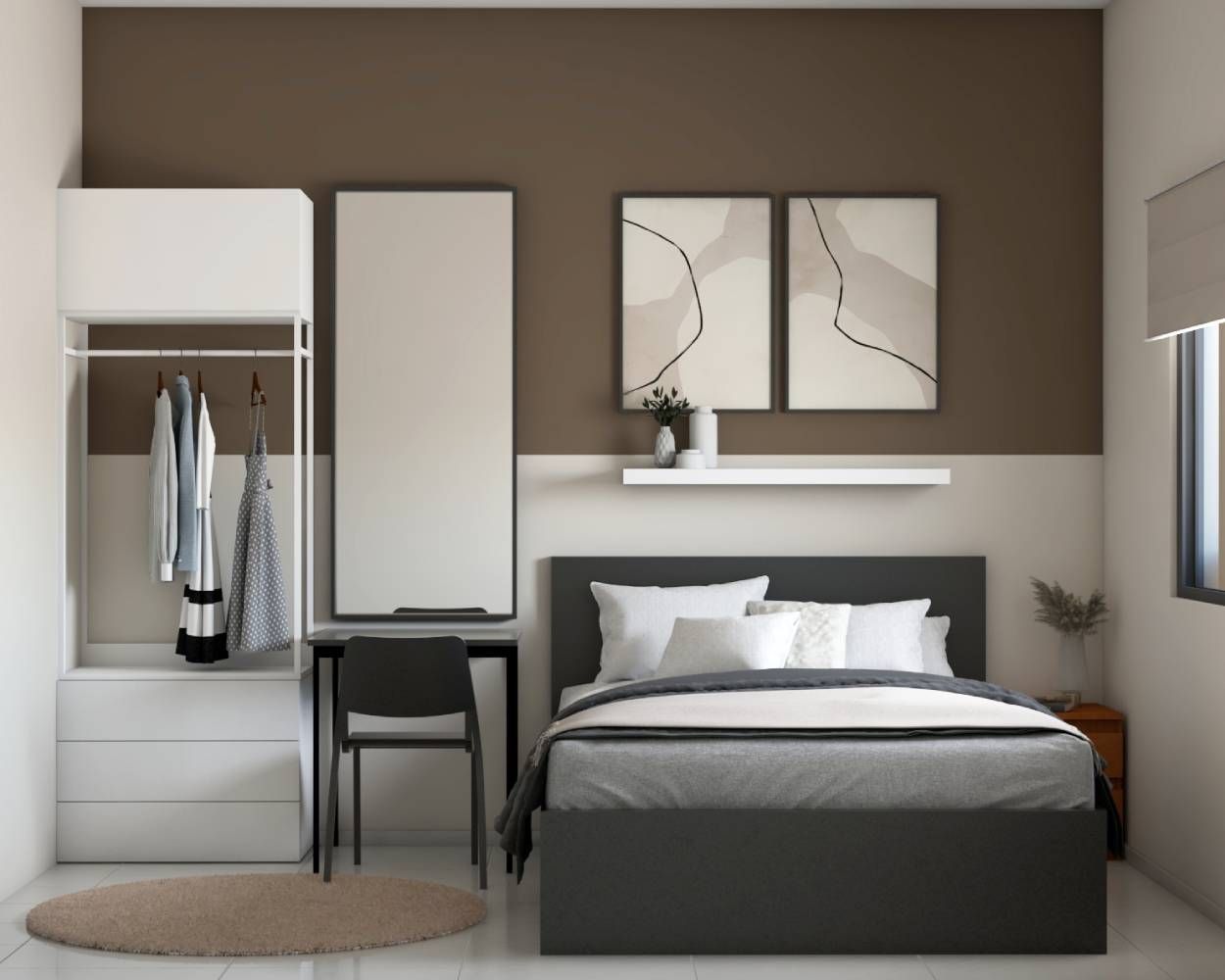 Contemporary Master Bedroom Design With Dual-Toned Brown And Cream Wall Paint