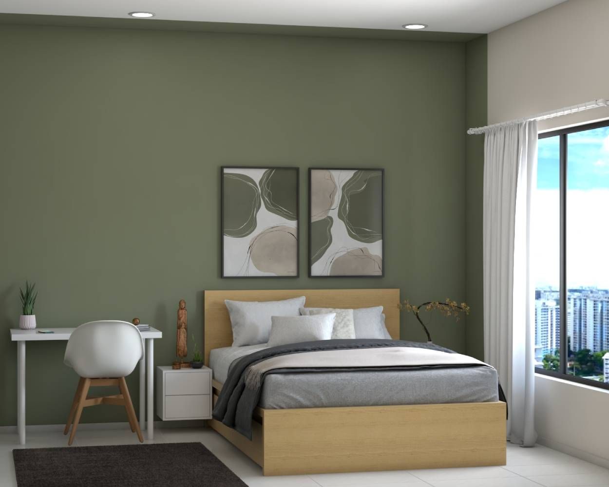 Contemporary Master Bedroom Design With Green Accent Wall And Wooden Bed
