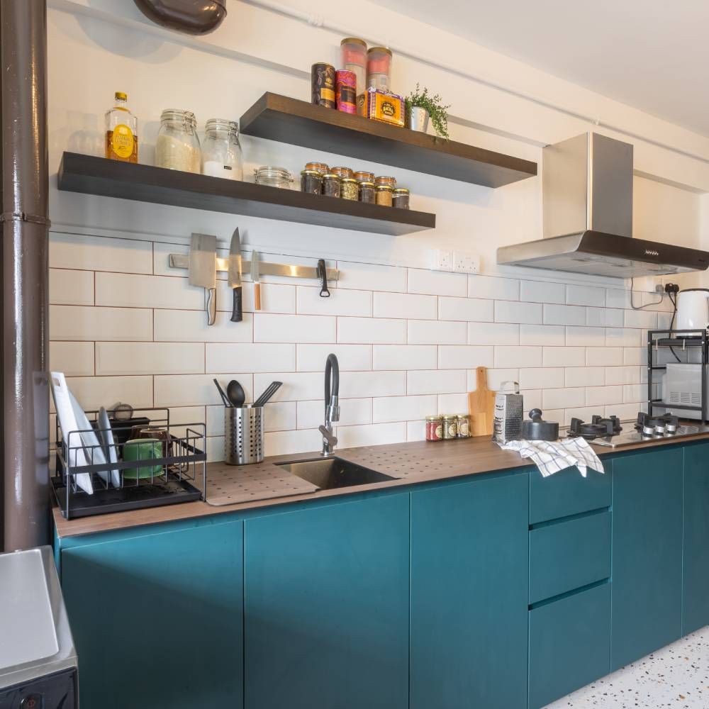 Modern Grey Quartz Undermount Kitchen Sink Design With Turquoise Blue Kitchen Cabinets