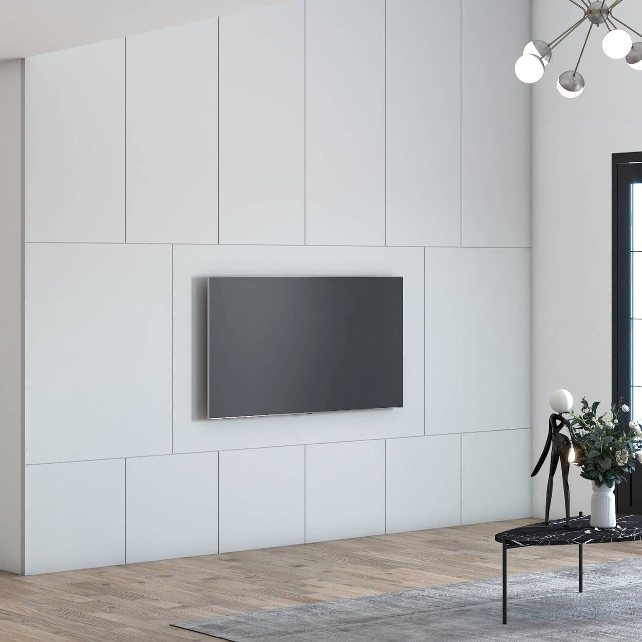 Minimal White TV Unit Design With White Backpanel And Grooves