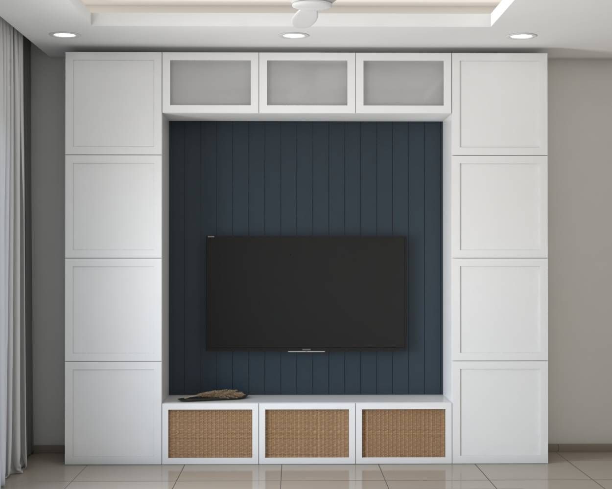 Minimal White And Brown TV Unit Design With Blue Back Panel