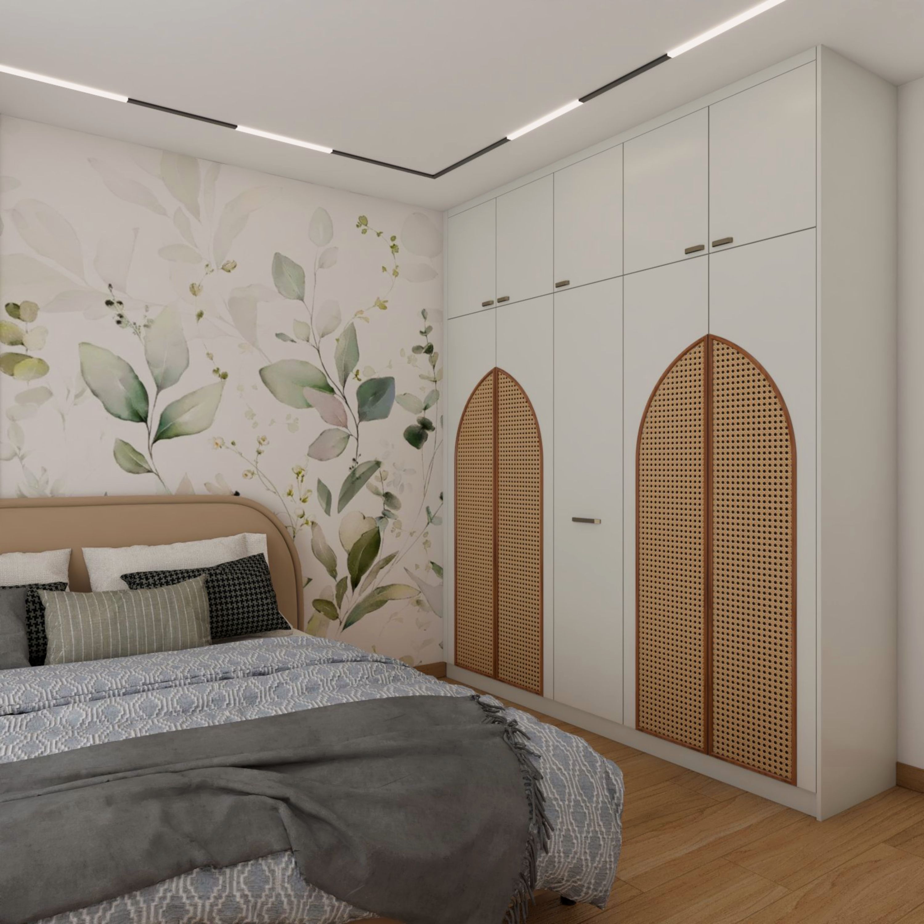 Scandinavian 4-Door White And Wicker Swing Wardrobe Design With Loft Storage