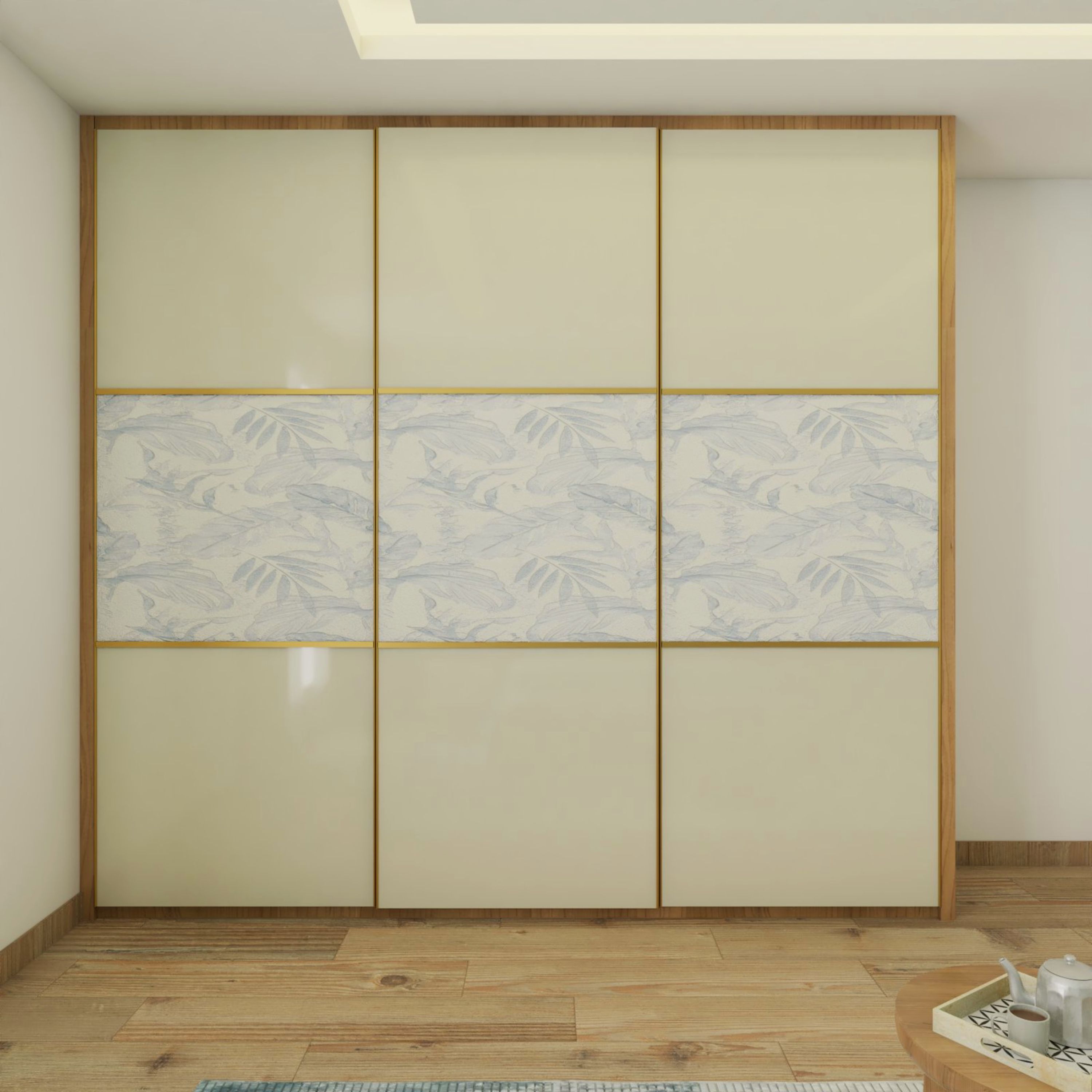 Contemporary 3-Door Semi-Glossy Beige Wardrobe Design With Leafy Blue-White Shutter Panel