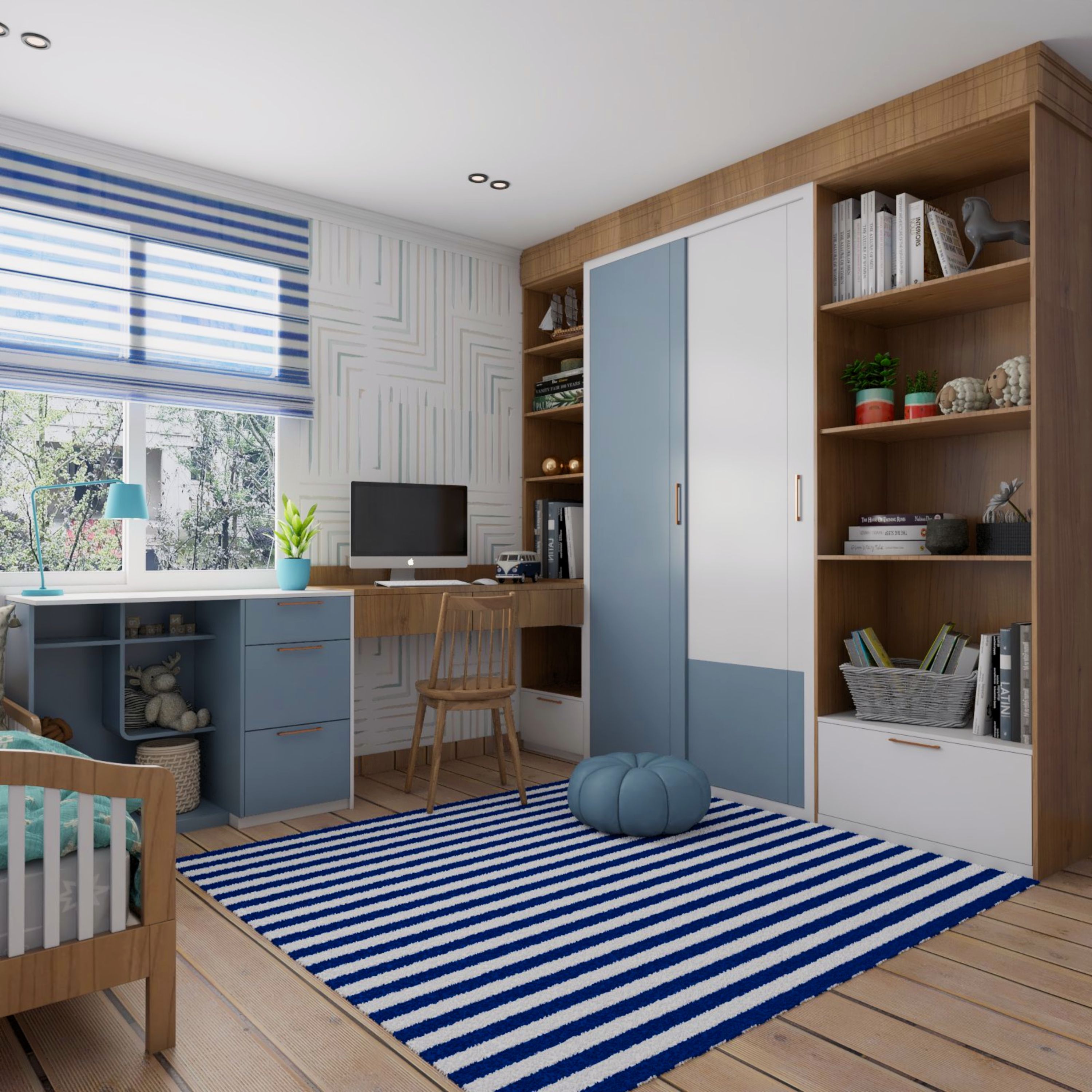 Modern 2-Door White And Blue Swing Wardrobe With Wooden Open Units