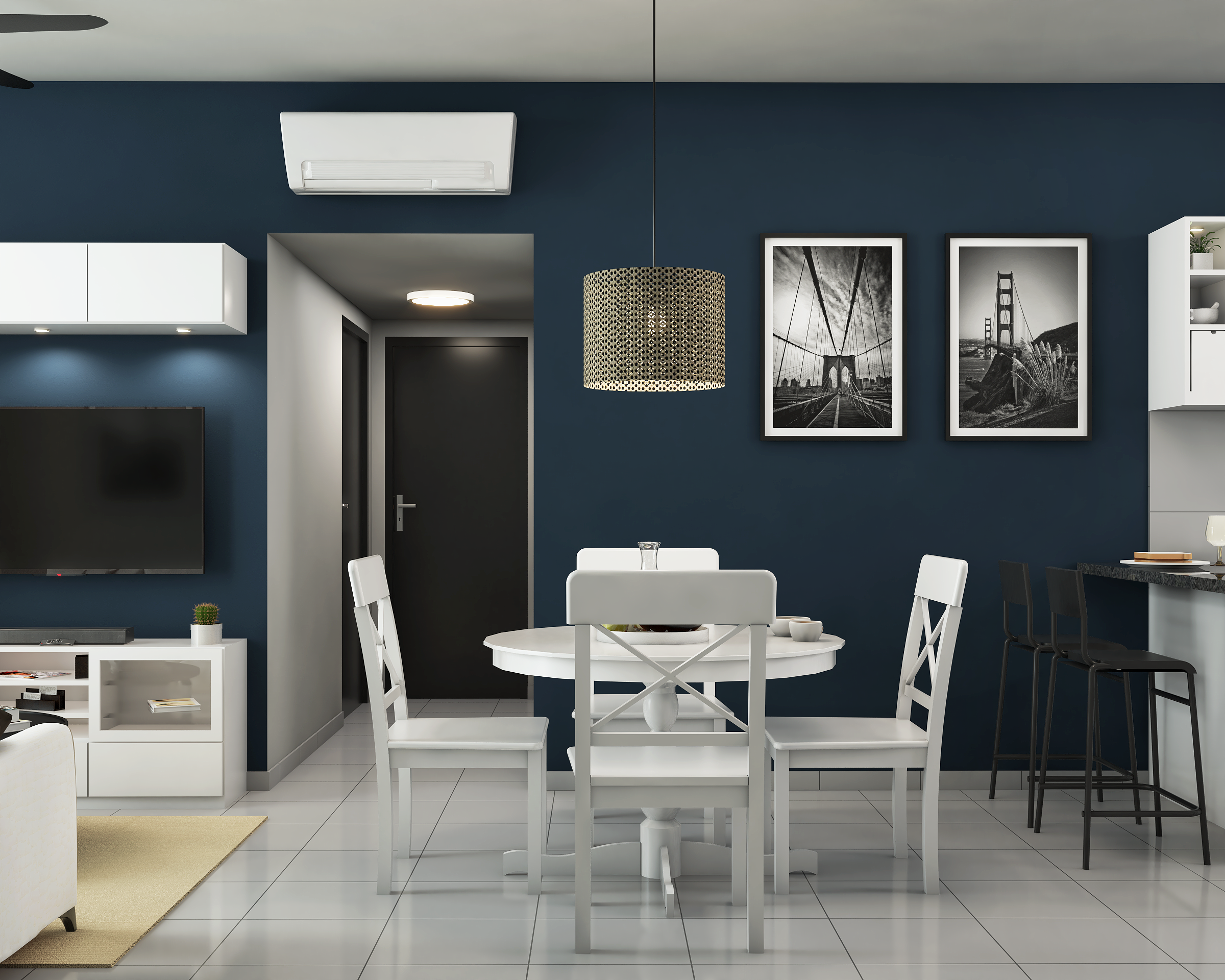 Contemporary Dining Room with Dark Blue Walls