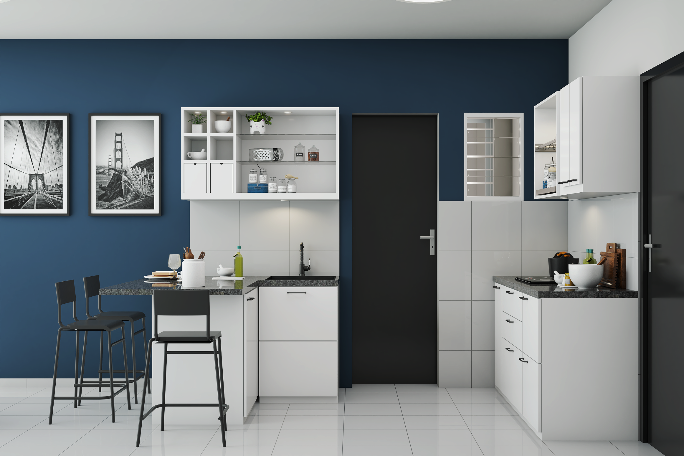Navy Blue And White Modern Small Kitchen Renovation