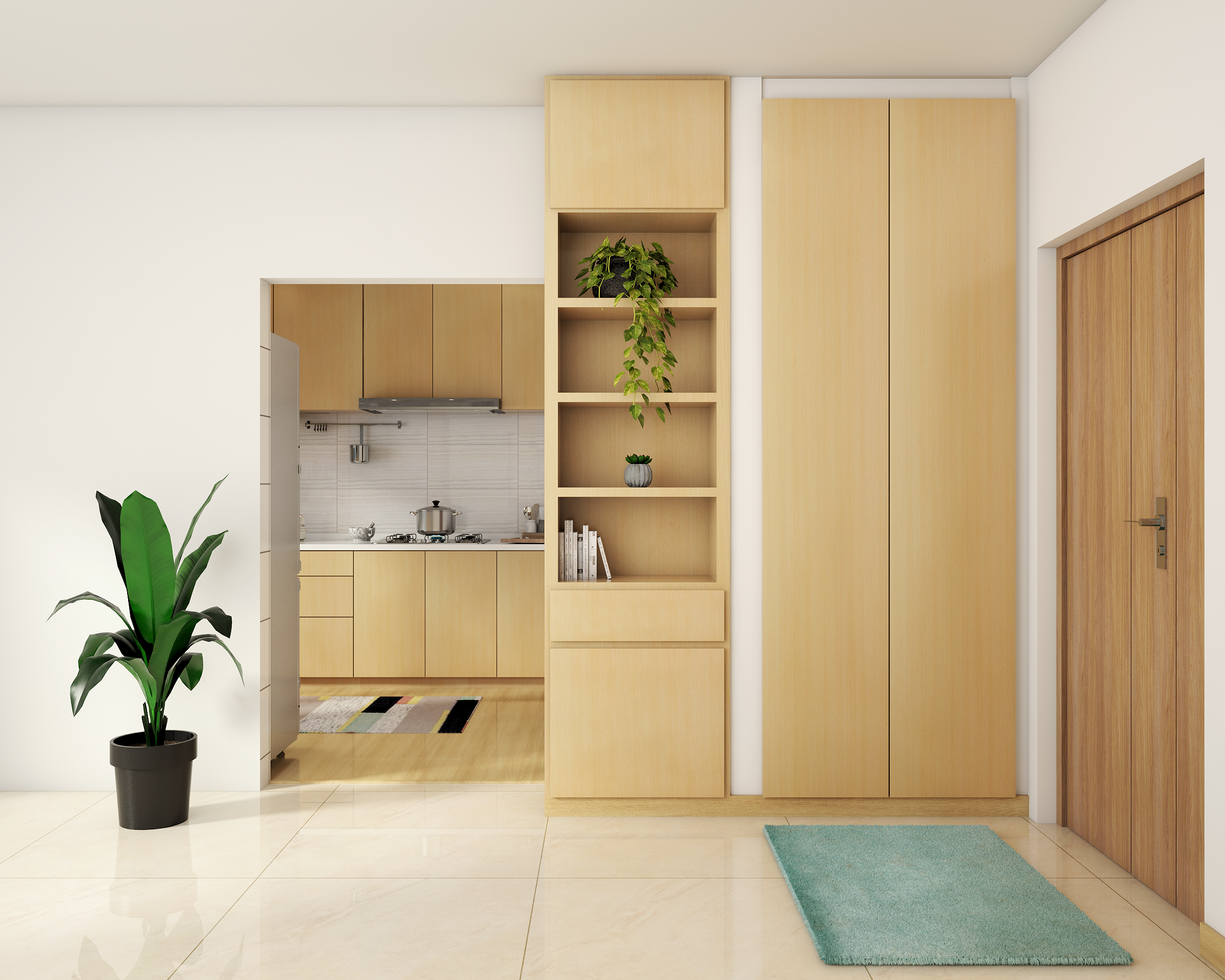 Scandinavian Compact Foyer Design With Storage Cabinet