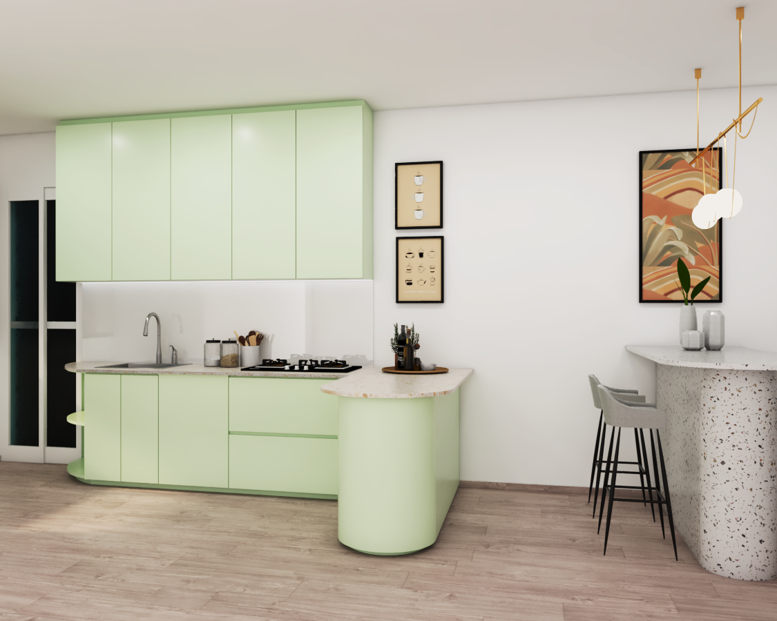 Pastel Green Kitchen Cabinet Design With Breakfast Table