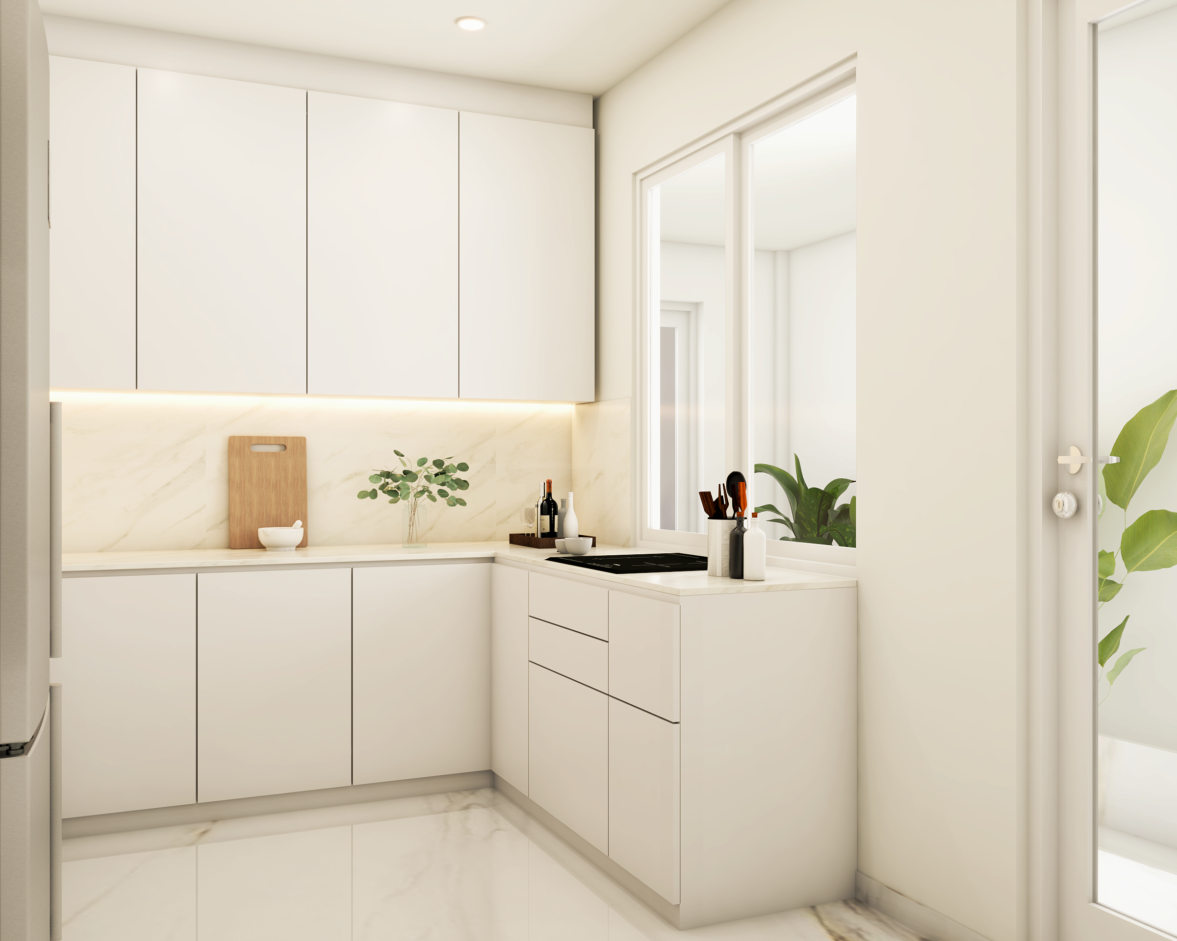 White U-Shaped Kitchen Cabinet Design