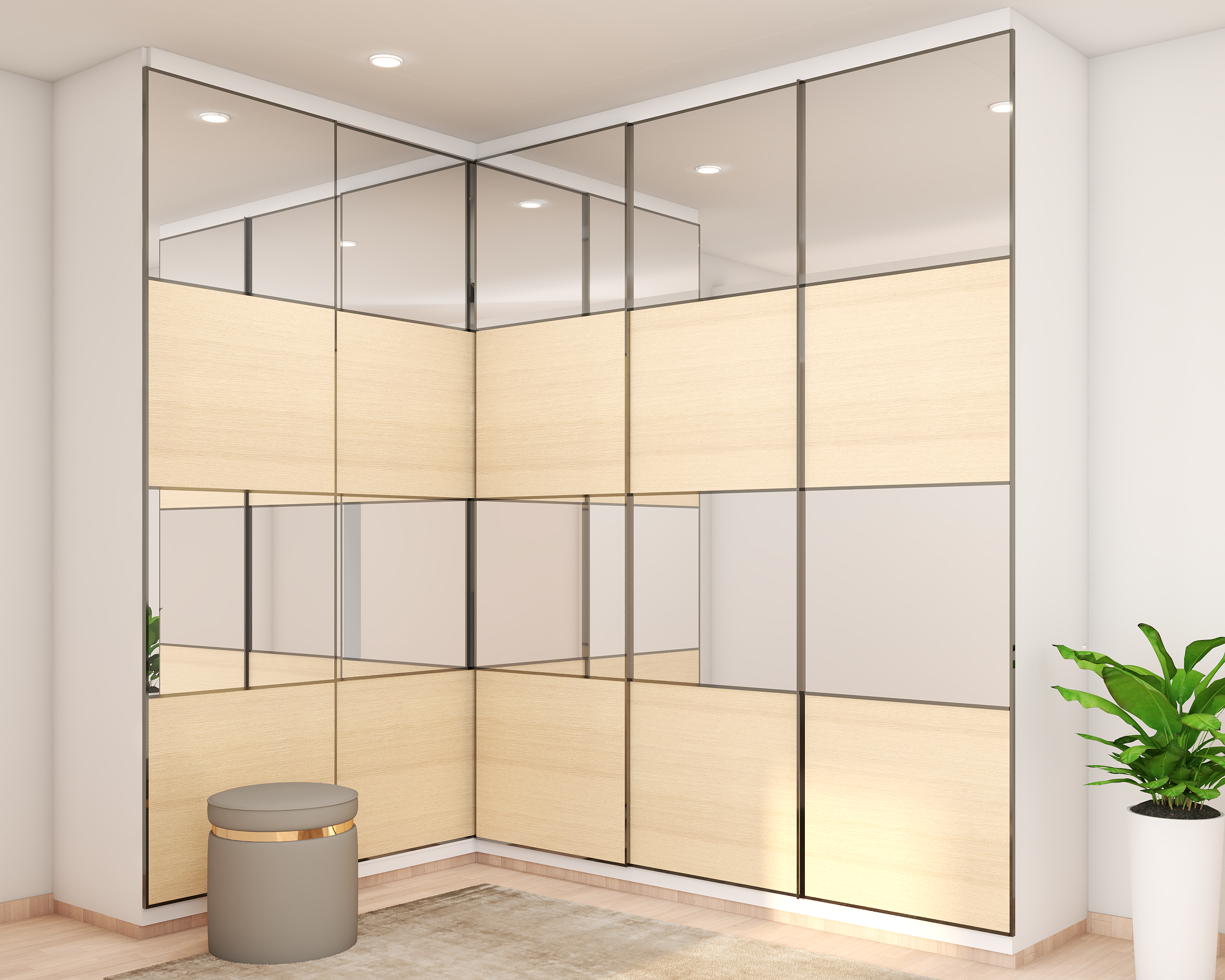 L Shaped Mirrored Wardrobe Design With Beige Finish