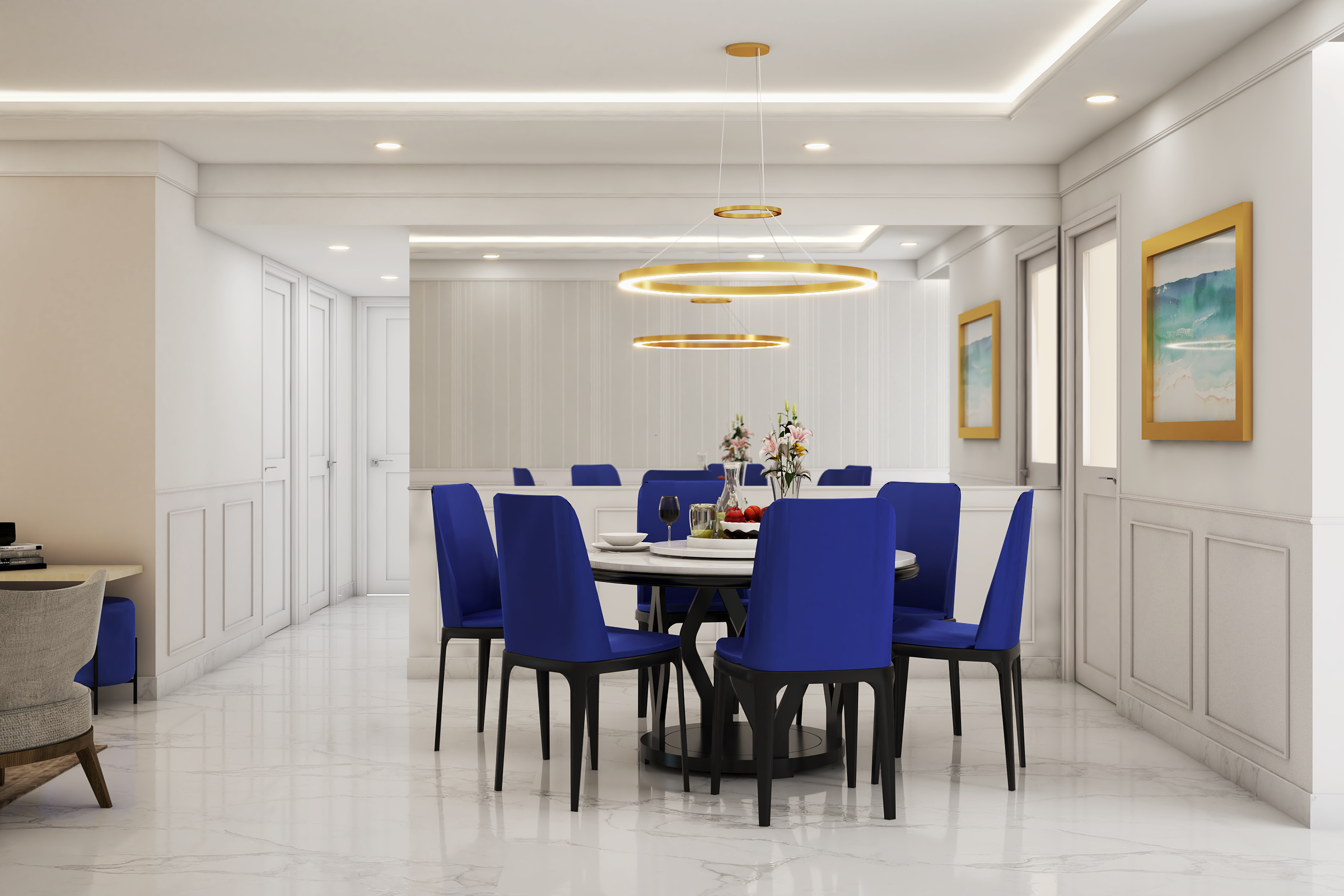 Classic Dining Room Design With Royal Blue Chairs