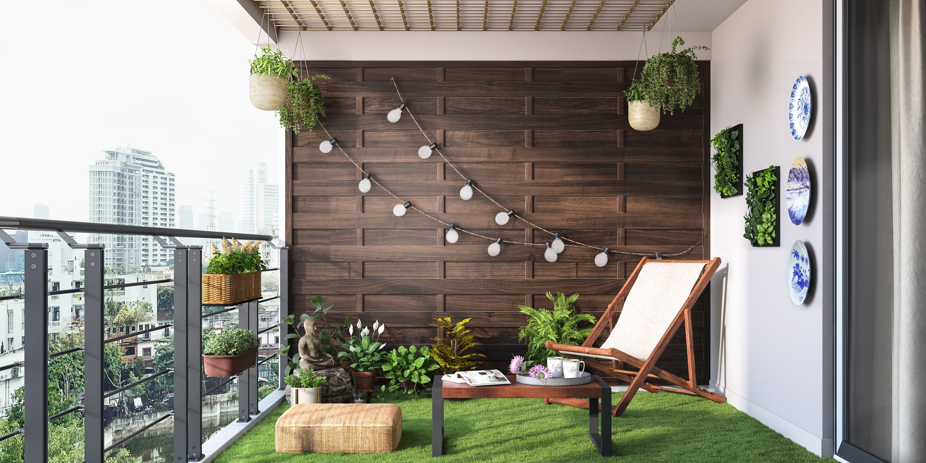 Simple Balcony With Grill Ceiling And Hanging Potted Plants
