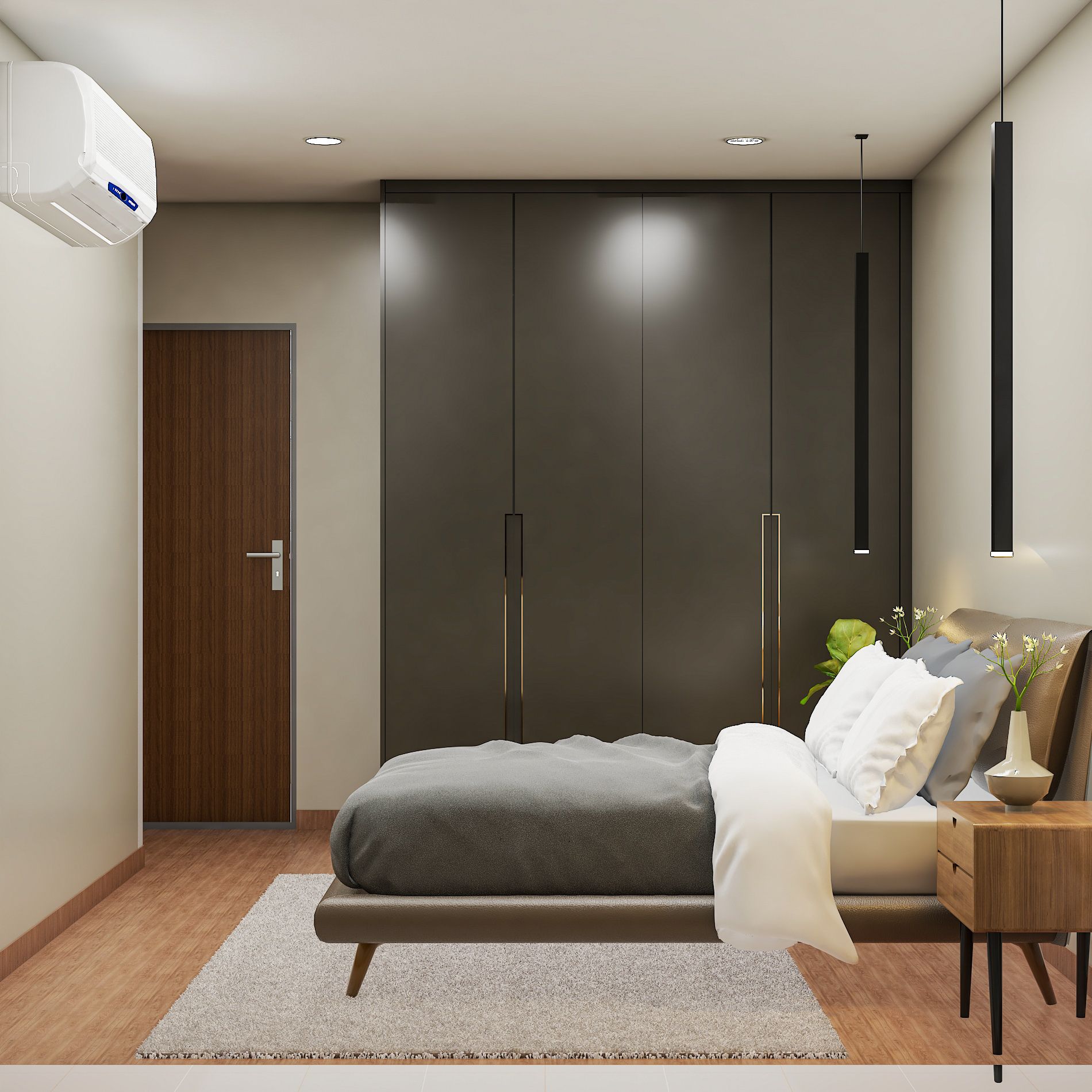 Modern Master Bedroom Interior Design with Dark Grey Wardrobe