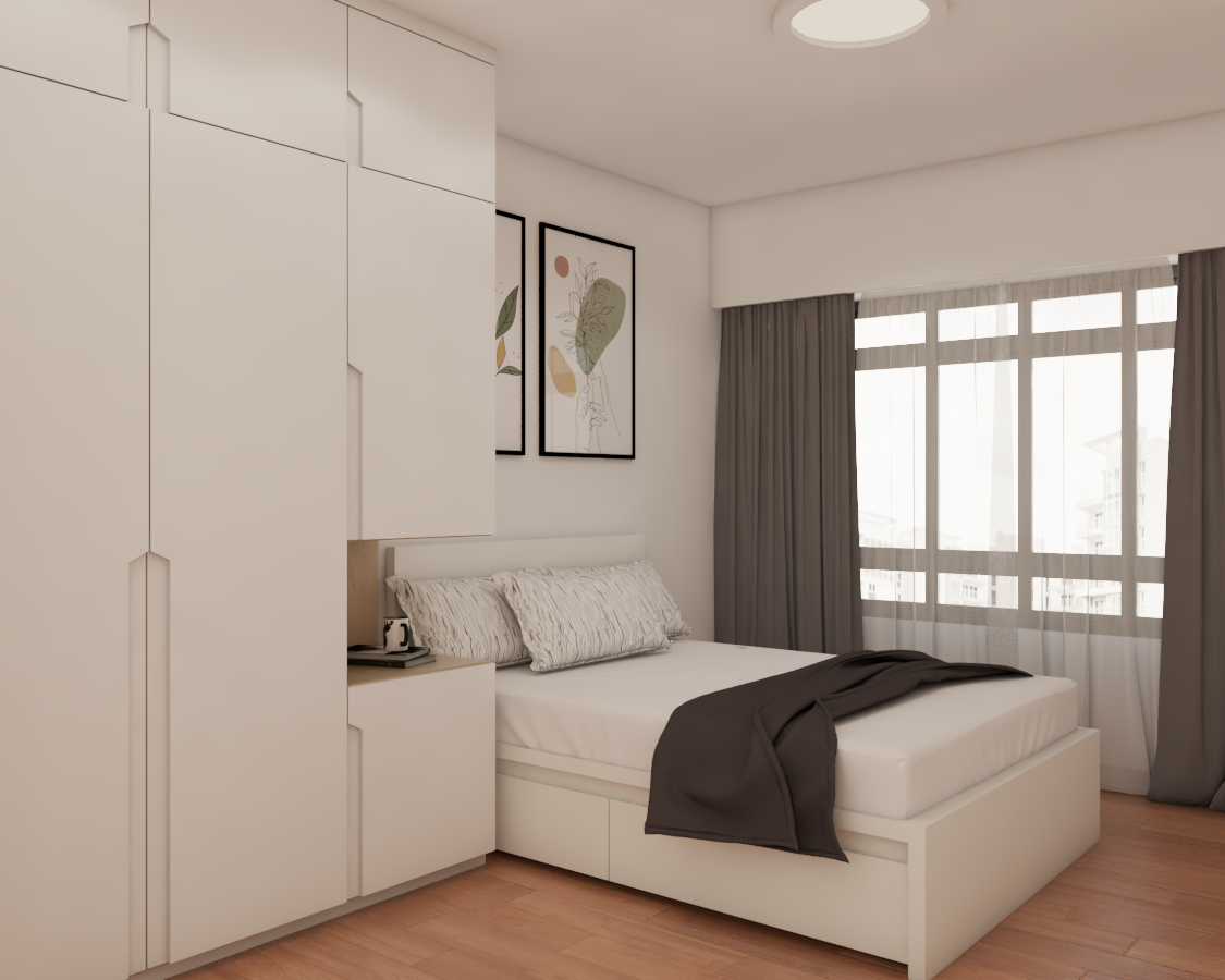 Beige Master Bedroom Interior Design with Wardrobe and Loft