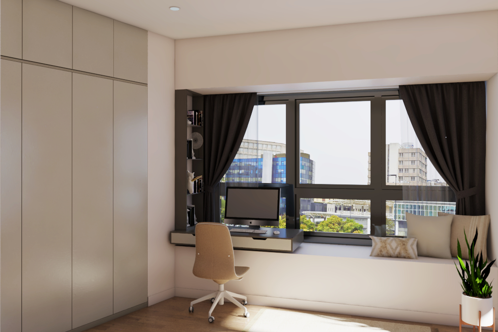 Large Window Spacious Bedroom Interior Design with Wooden Floor