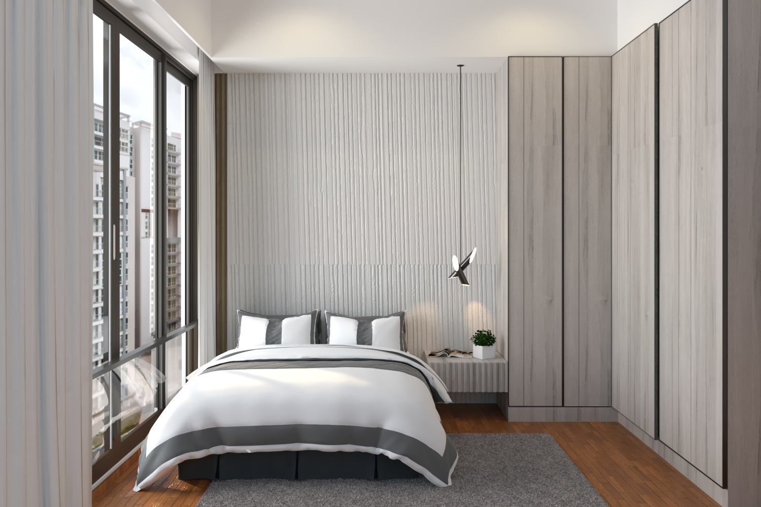 Grey Textured Wall Master Bedroom Interior Design with L-Shape Wardrobe