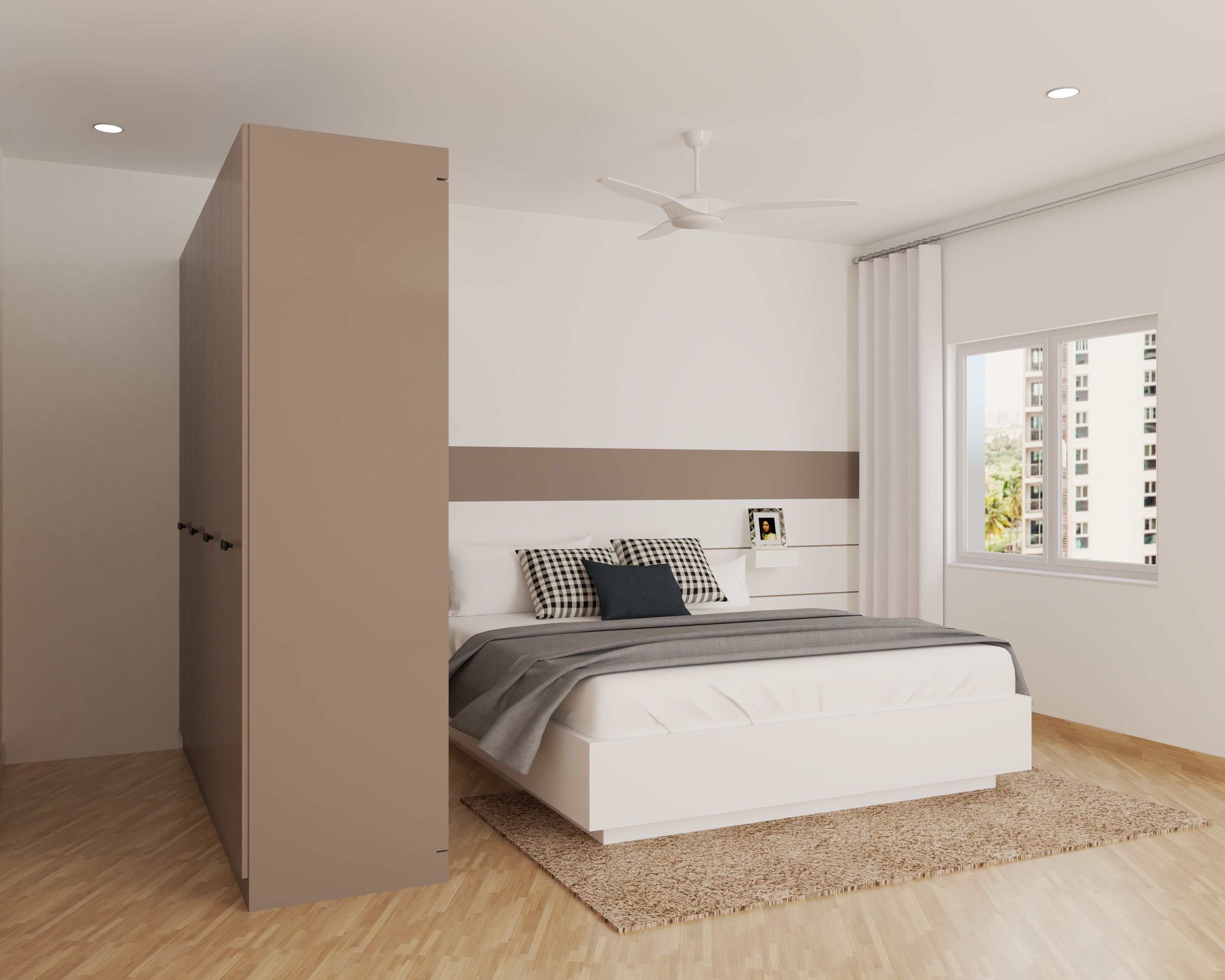Glossy Wardrobe Partition Master Bedroom Interior Design with Big Window