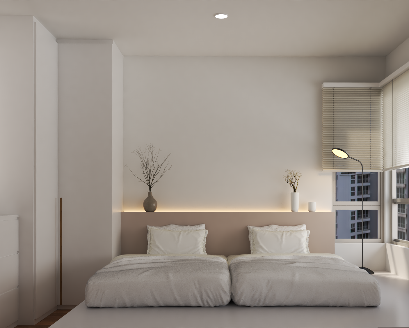 Pastel Shade Master Bedroom Interior Design with L-Shape Wardrobe