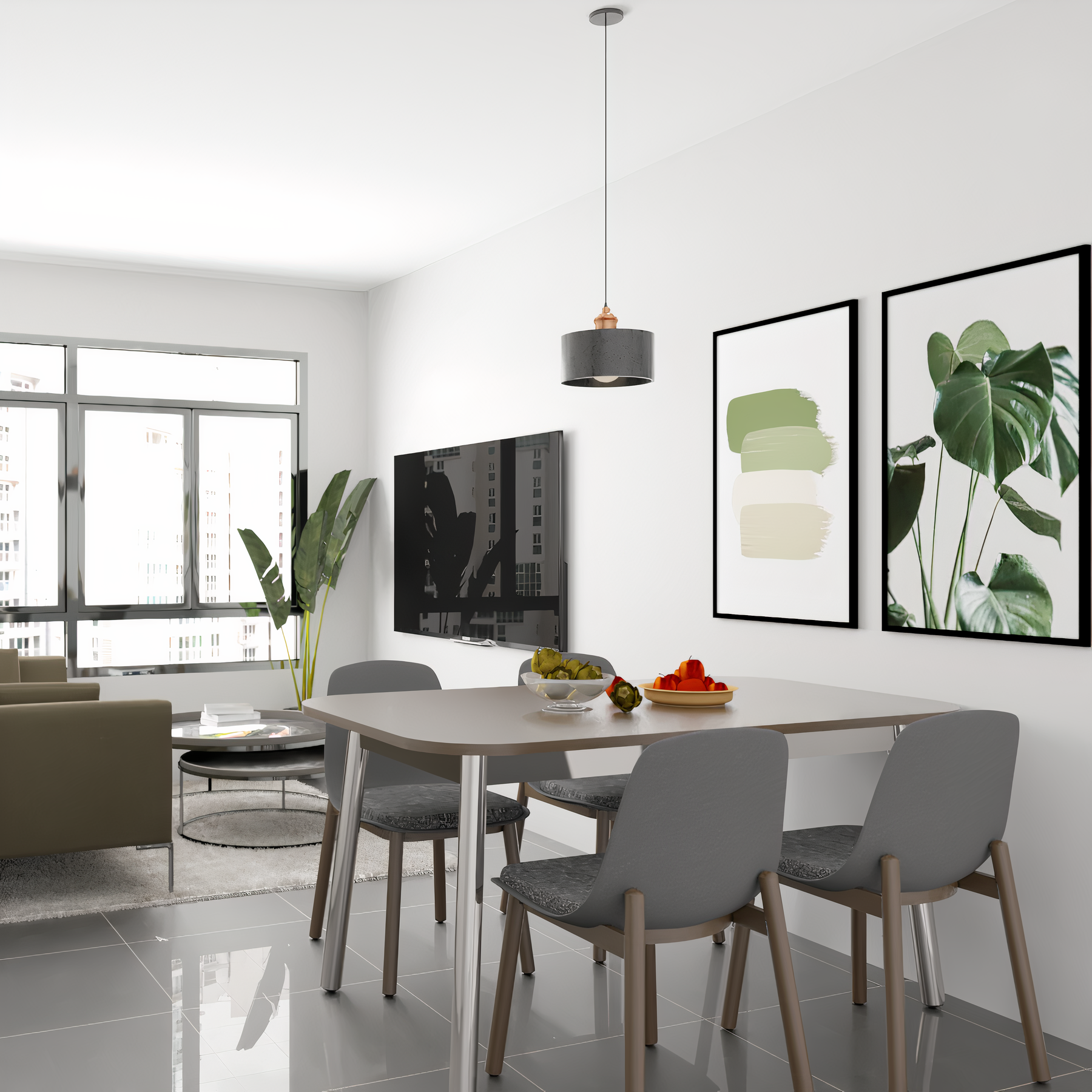 Minimal 4-Seater Dining Room Design With Wall Frames