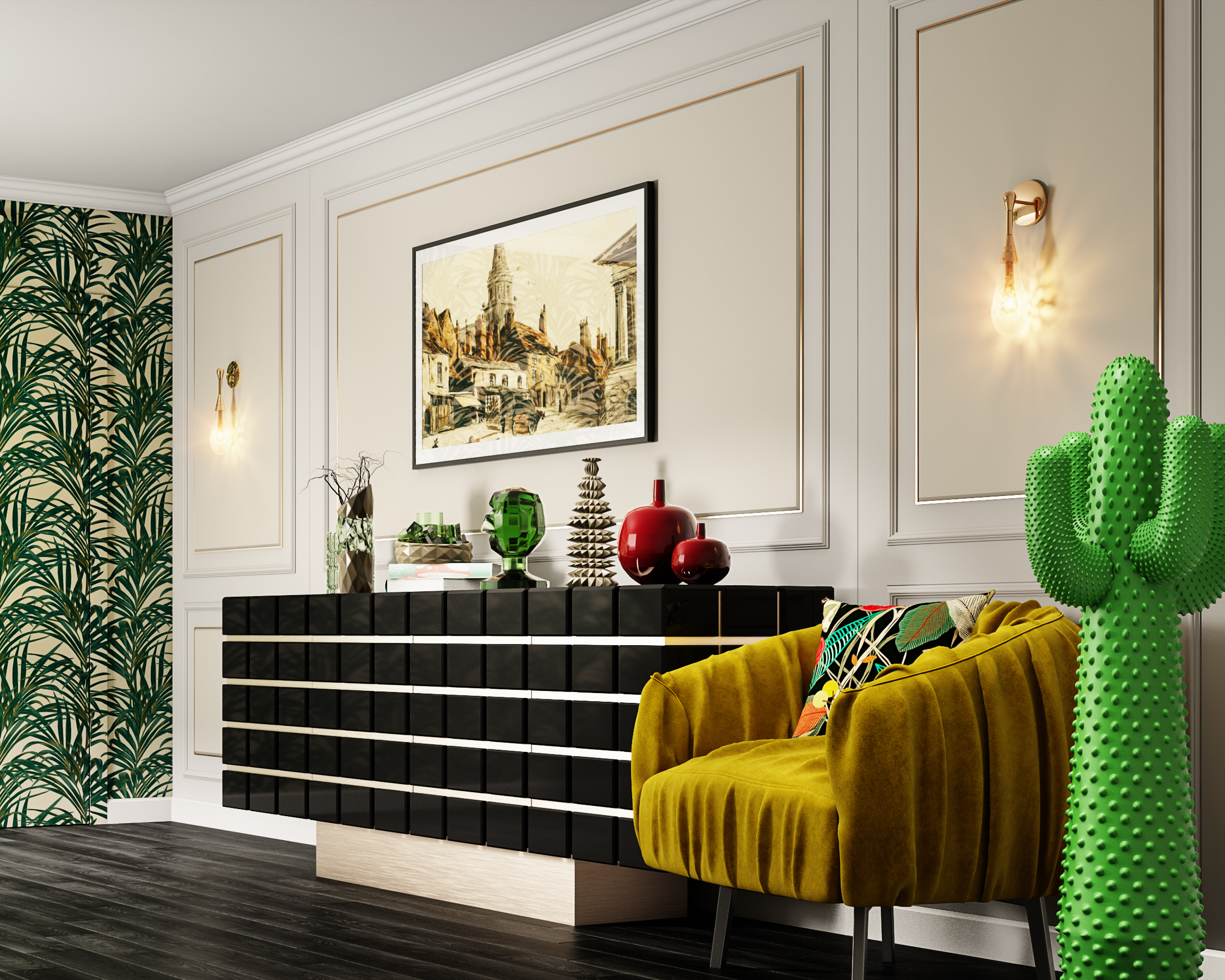 Eclectic Green Wall Spacious Foyer Design