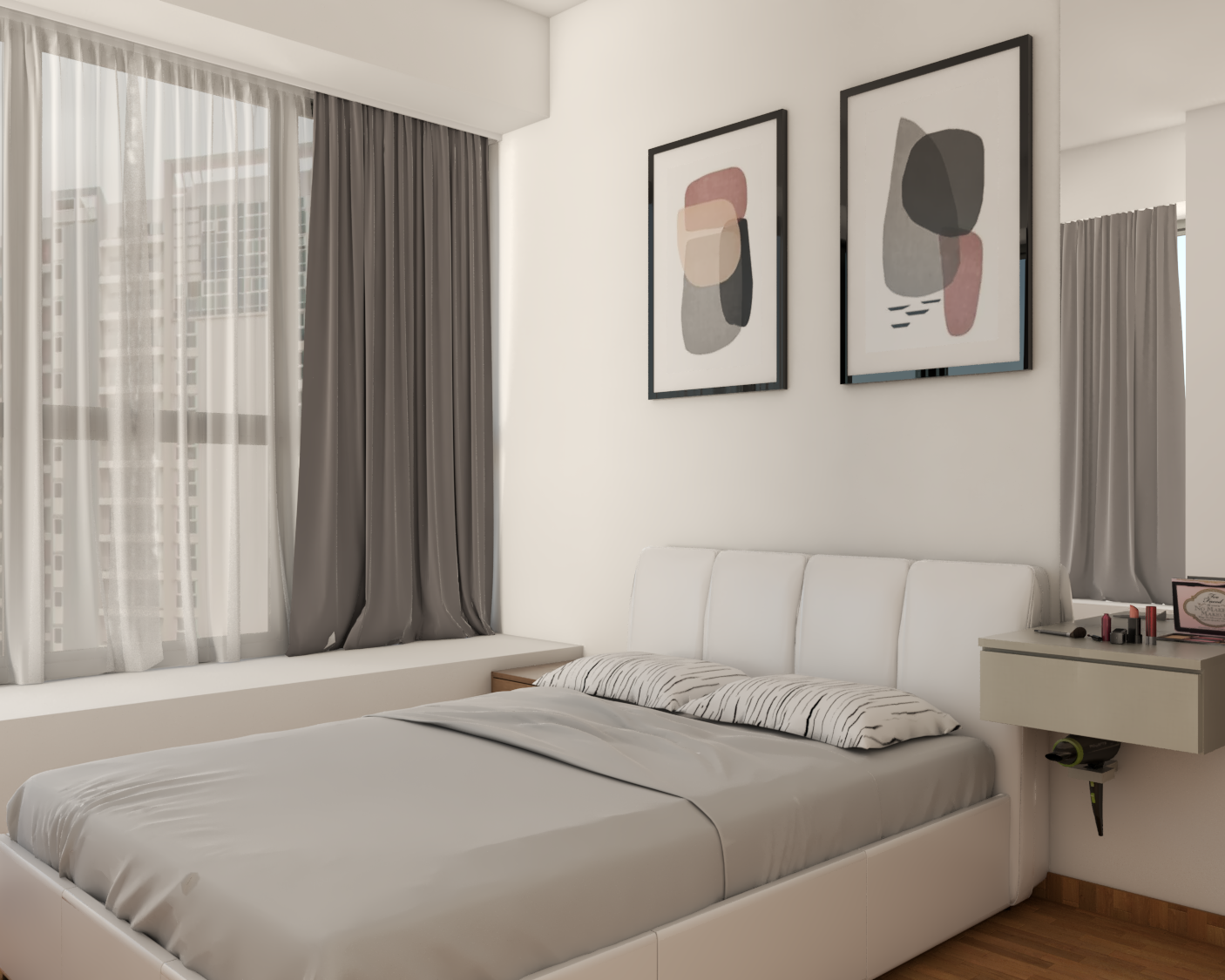 Cushioned Headboard Grey Compact Minimal Teenager Bedroom Design Livspace