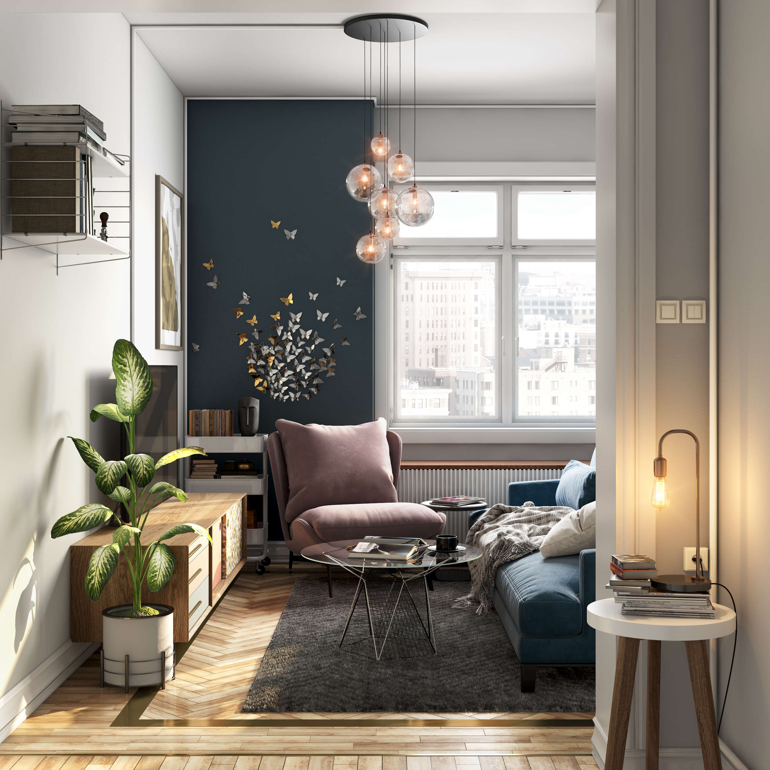 Contemporary Living Room Interior Design with Ornamental Light Fixture