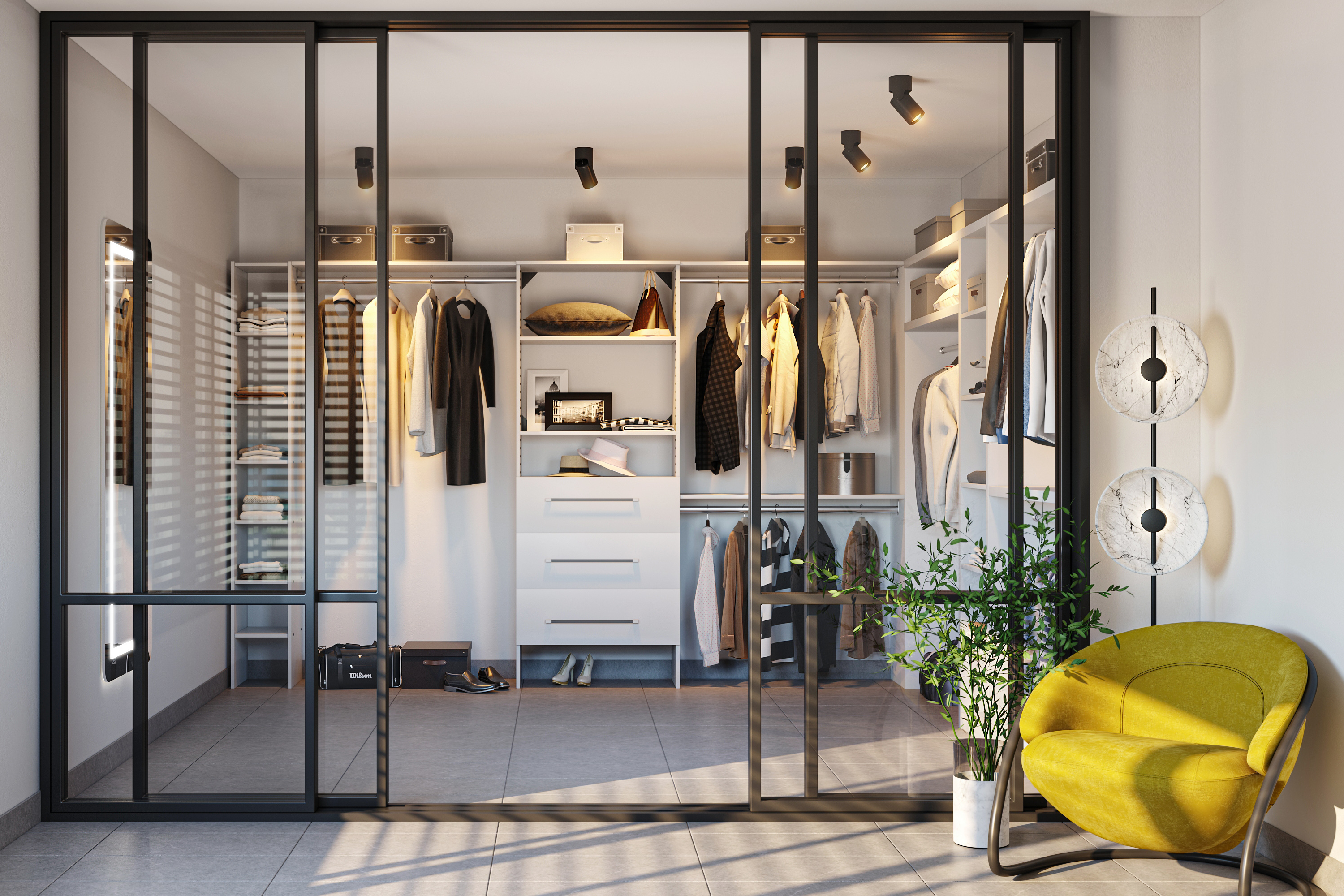 Contemporary Spacious Walk-In Wardrobe Design with Drawers and Shelves