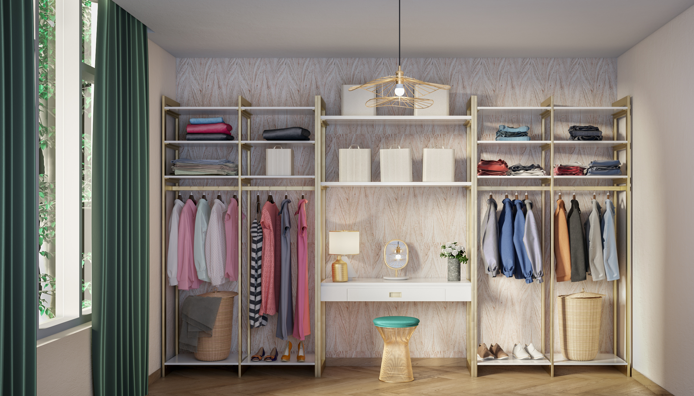 Modern Spacious Open Wardrobe Design with Dresser and Shelves