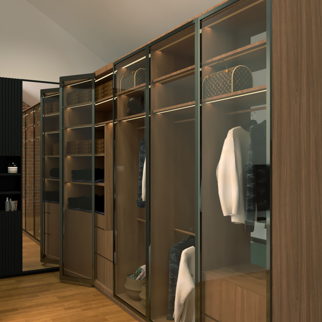 Glass Shutters Industrial Wardrobe Design with Shelves
