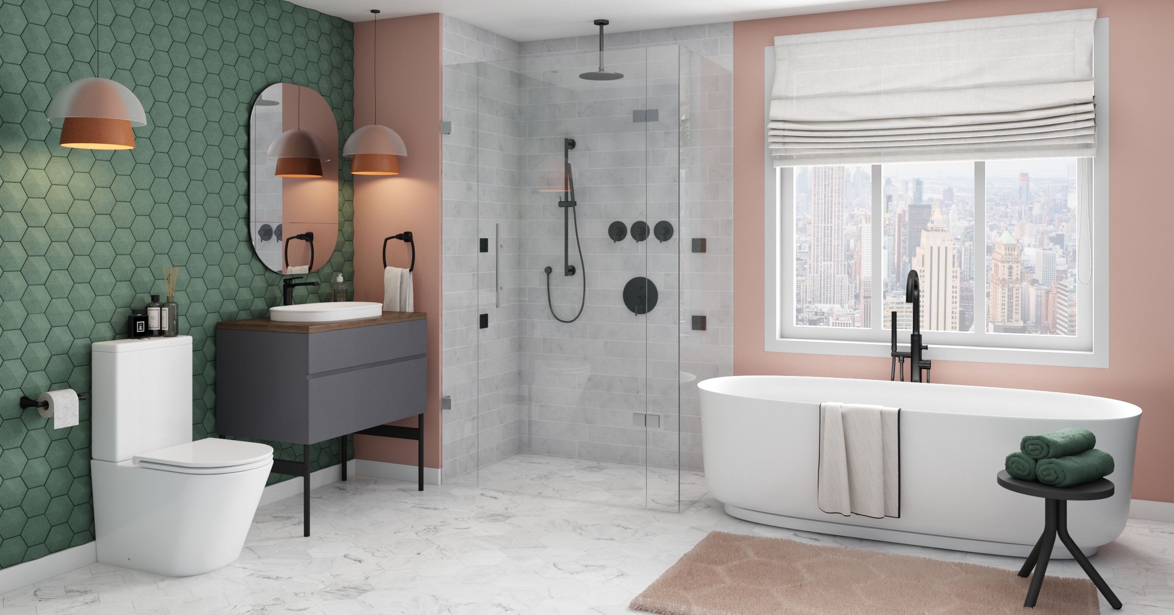 Modern Toilet with Hanging Pendants and White Bath Tub Livspace