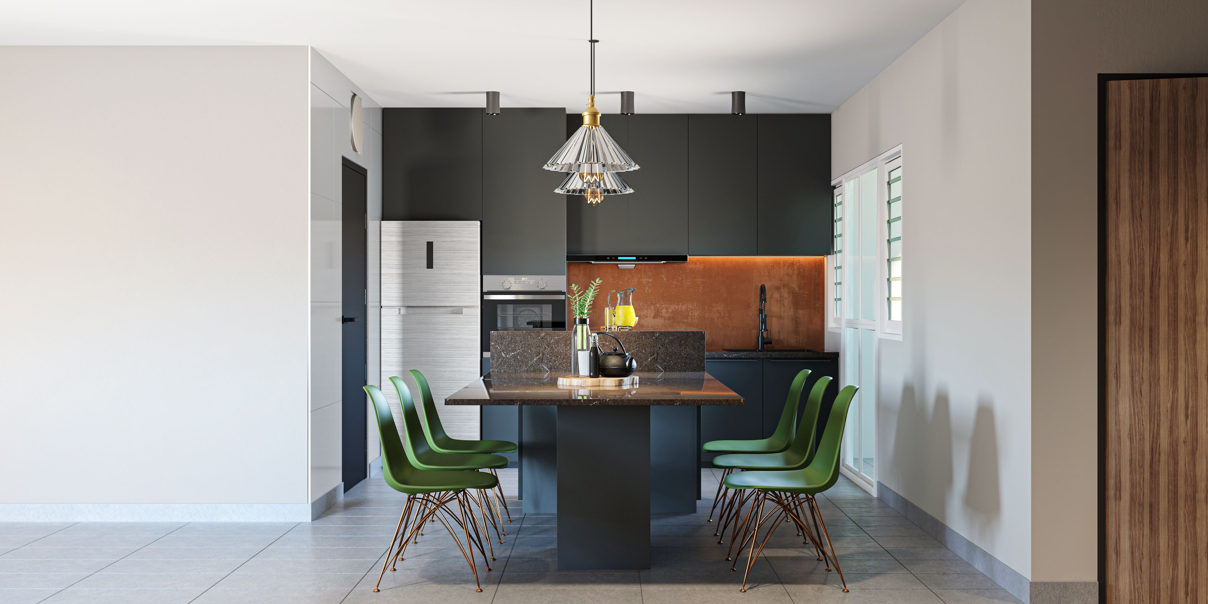Contemporary Kitchen Cum Dining Room Design With Spacious Interiors