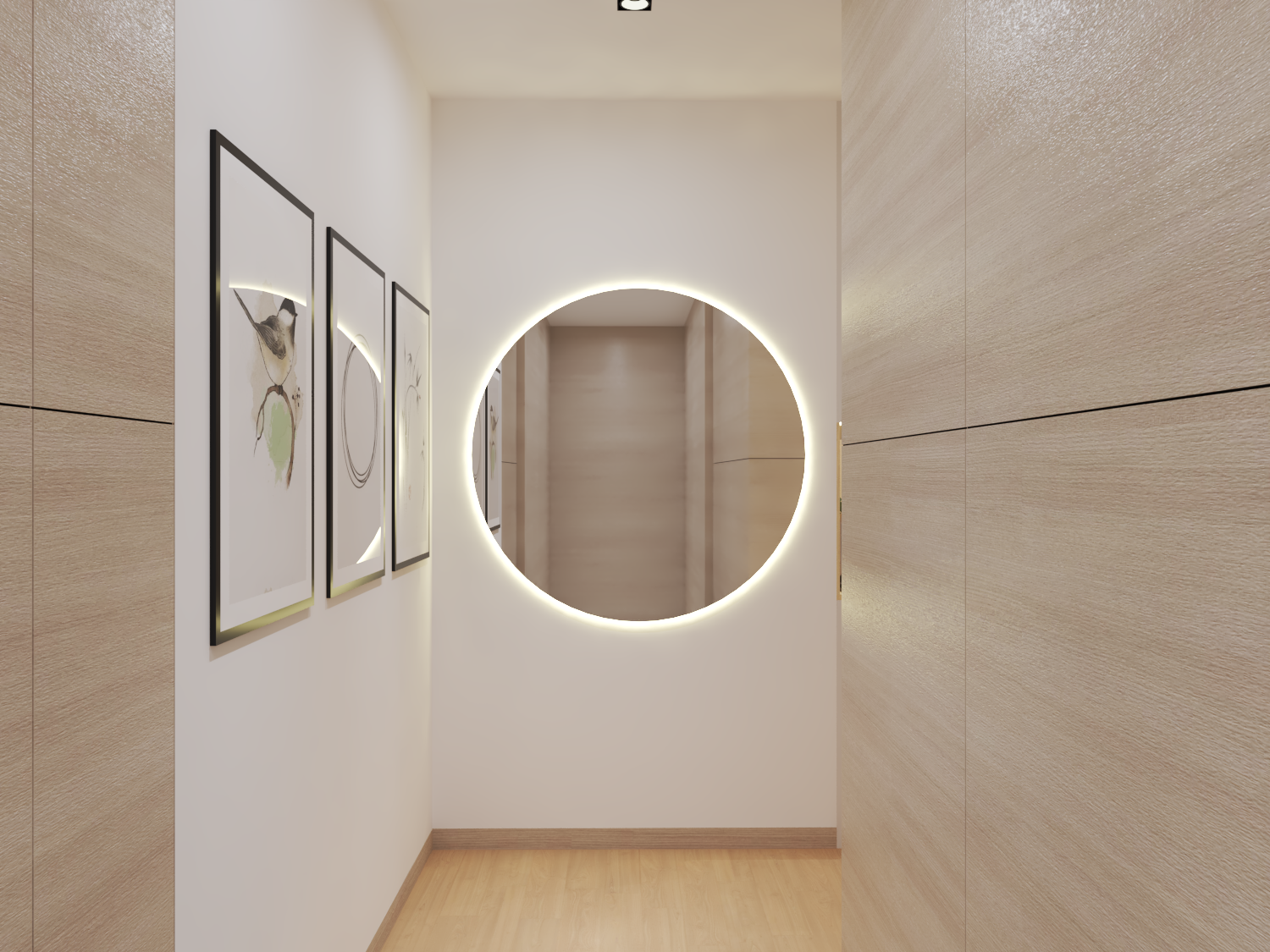 Modern Foyer With Circular Mirror And Wooden Panels