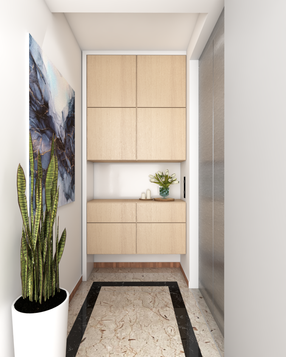Scandinavian Foyer With Planter And Abstract Painting