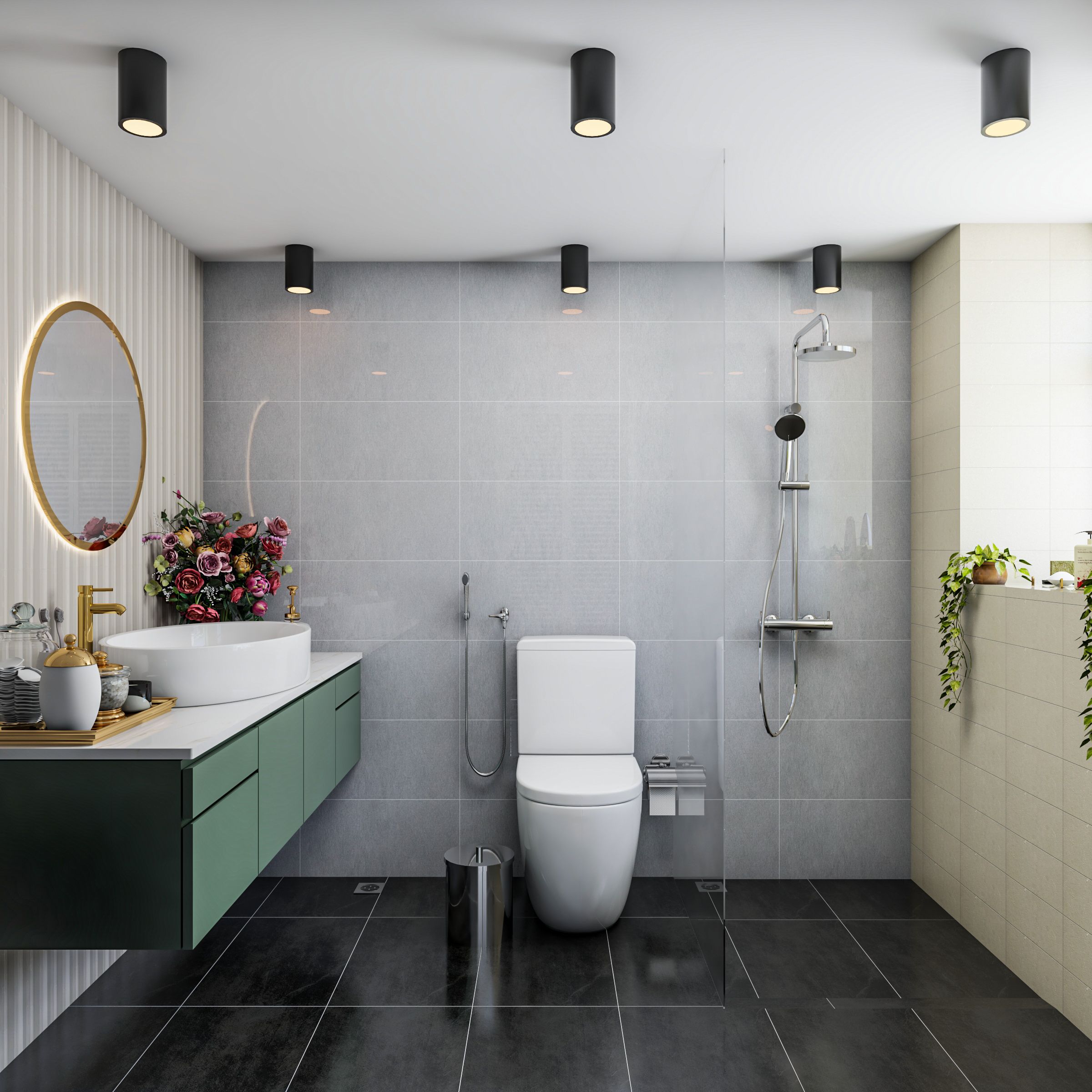 Modern Spacious Toilet Design With Coastal Themed Interiors