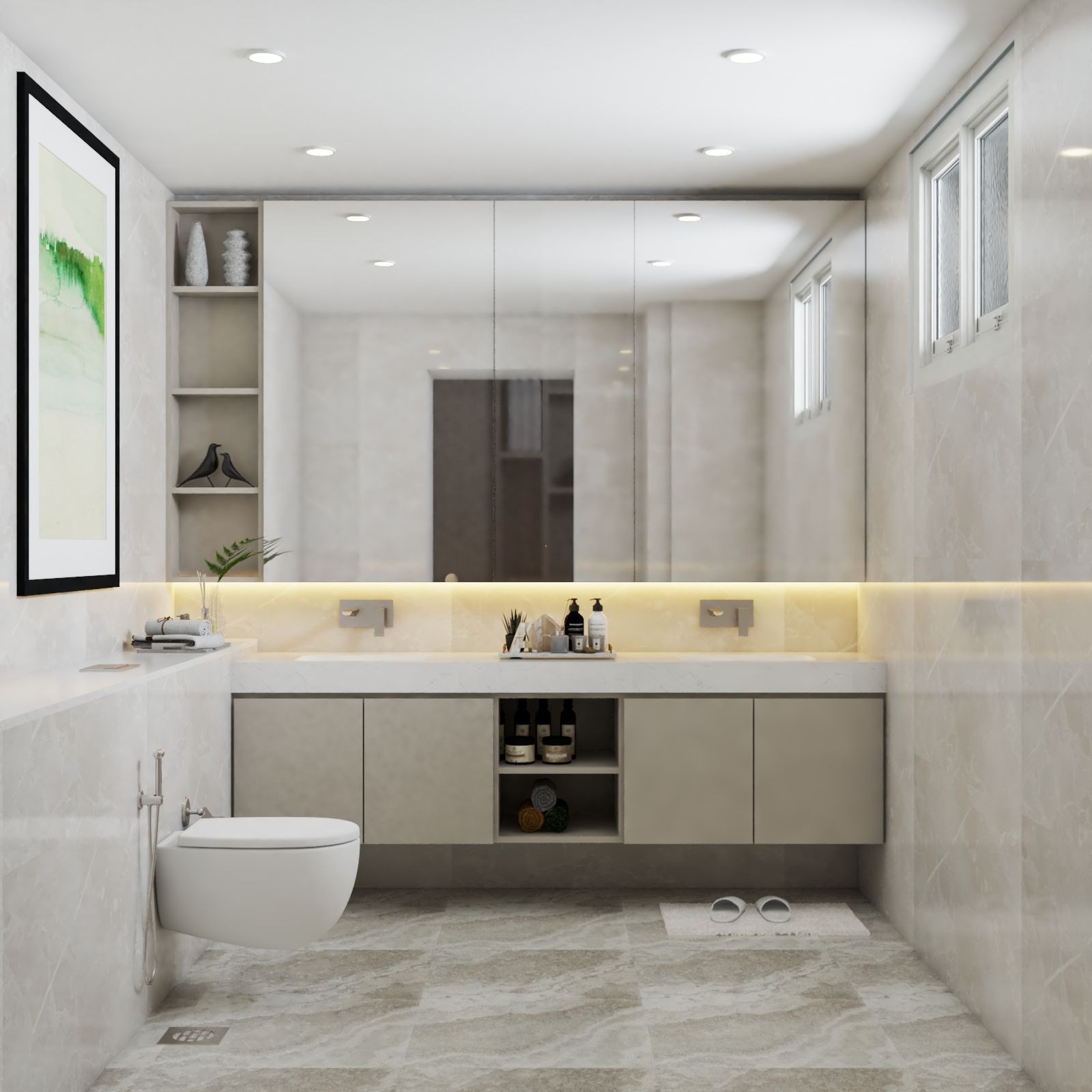 Modern Style Spacious Bathroom Design With Ceramic Washbasin