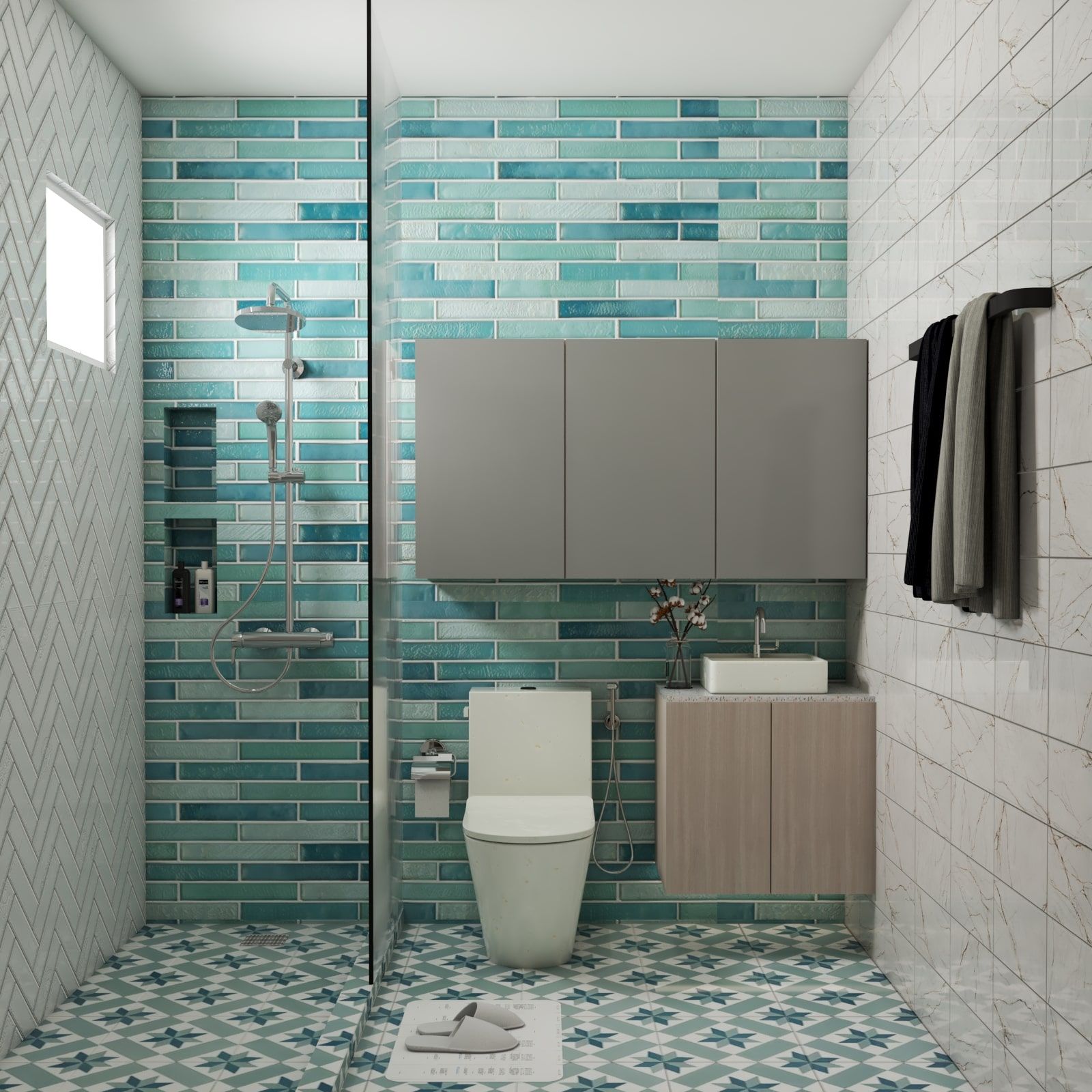 Contemporary Bathroom Design With Blue And Green Tiles