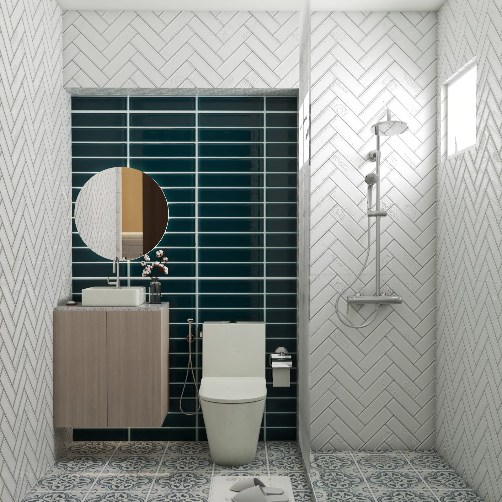 Contemporary Compact Bathroom Design With Round Mirror