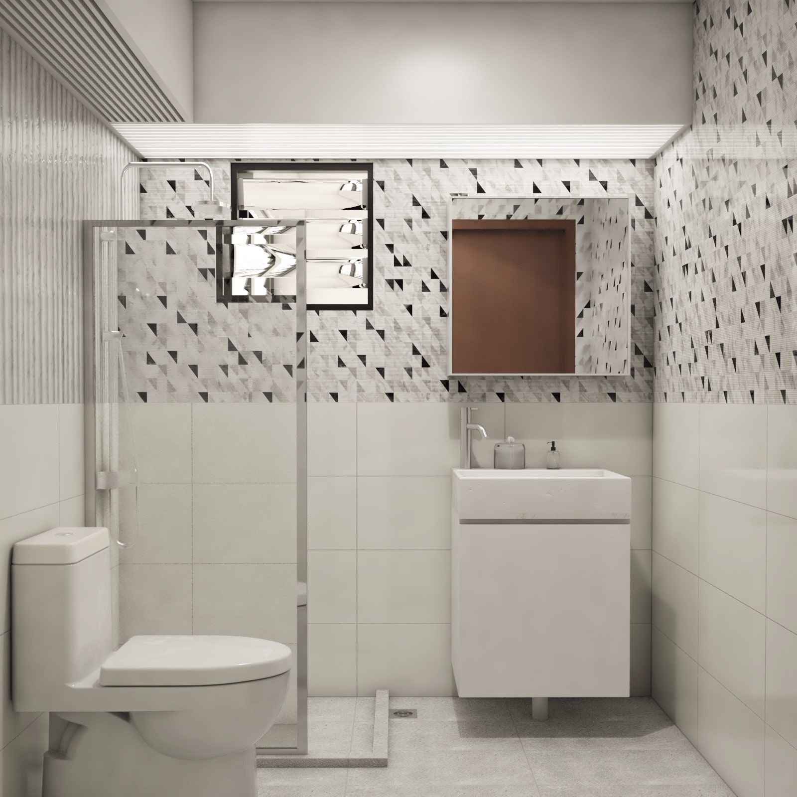 Contemporary Bathroom Design With Printed Wall Tiles And White Fixtures