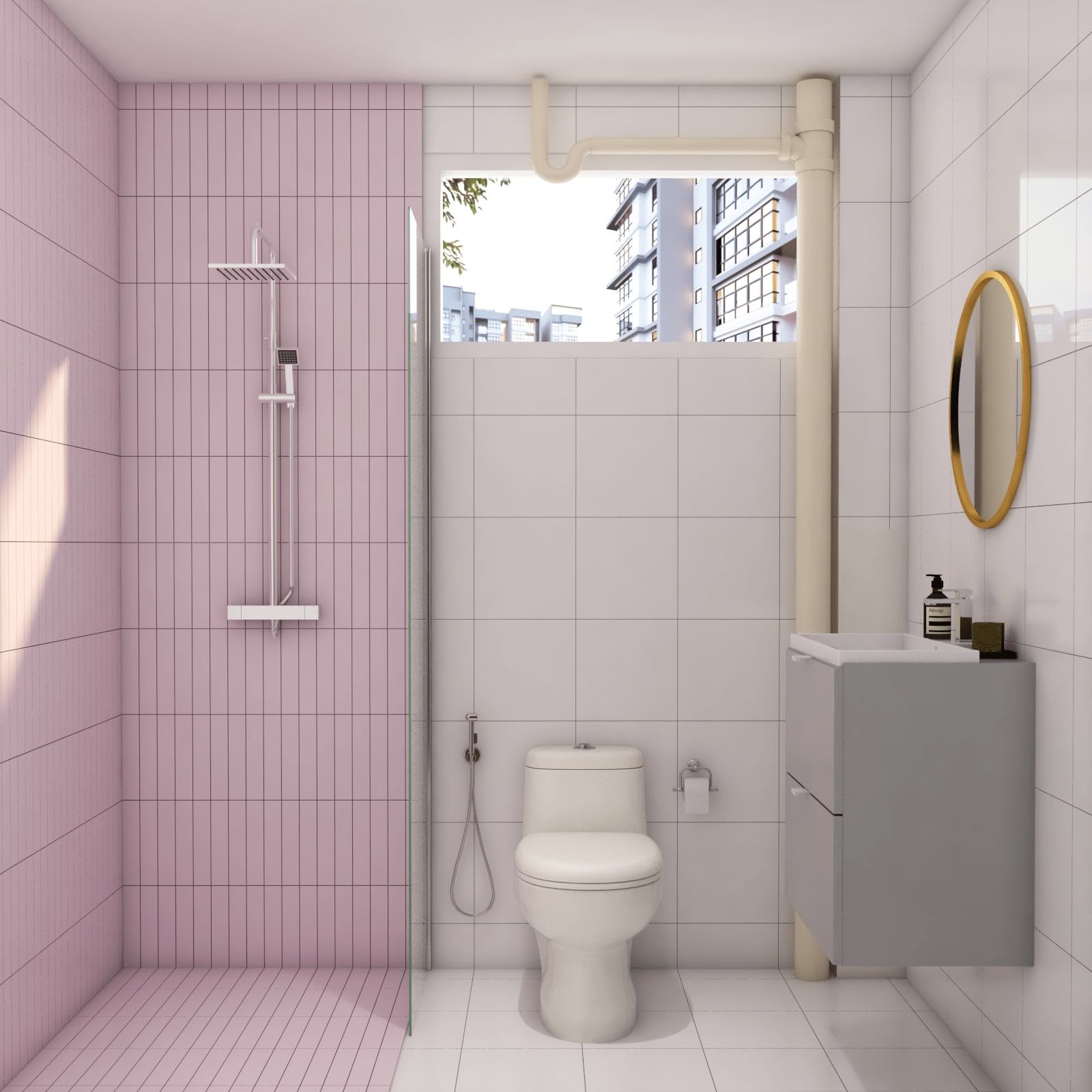 Modern Pink And White Toned Compact Bathroom Design