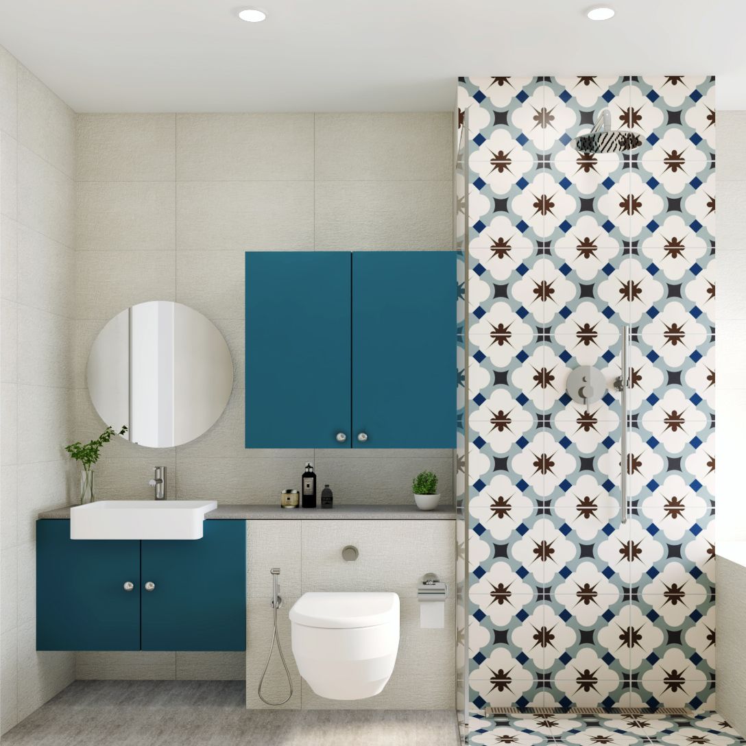 Modern Blue And White Themed Bathroom Design With Storage