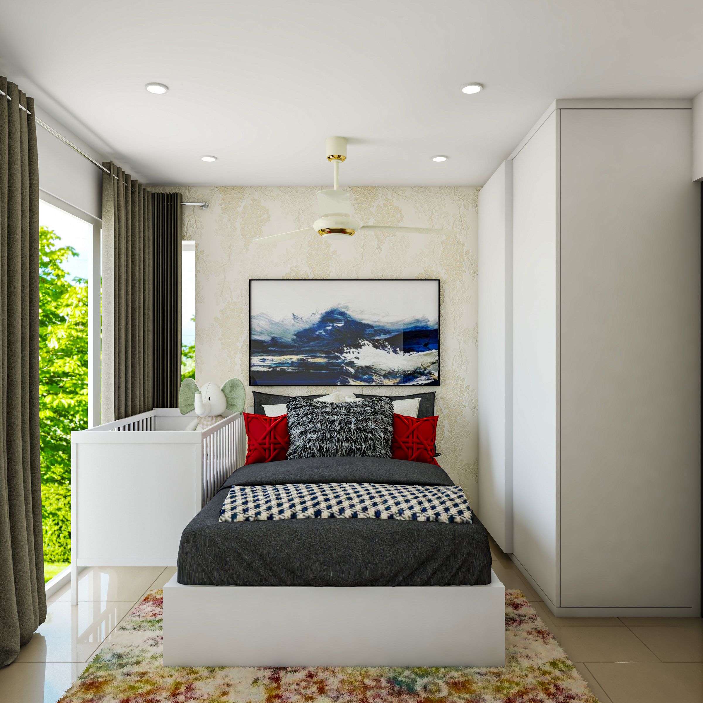Modern Master Bedroom Design With Sliding Wardrobe And Crib