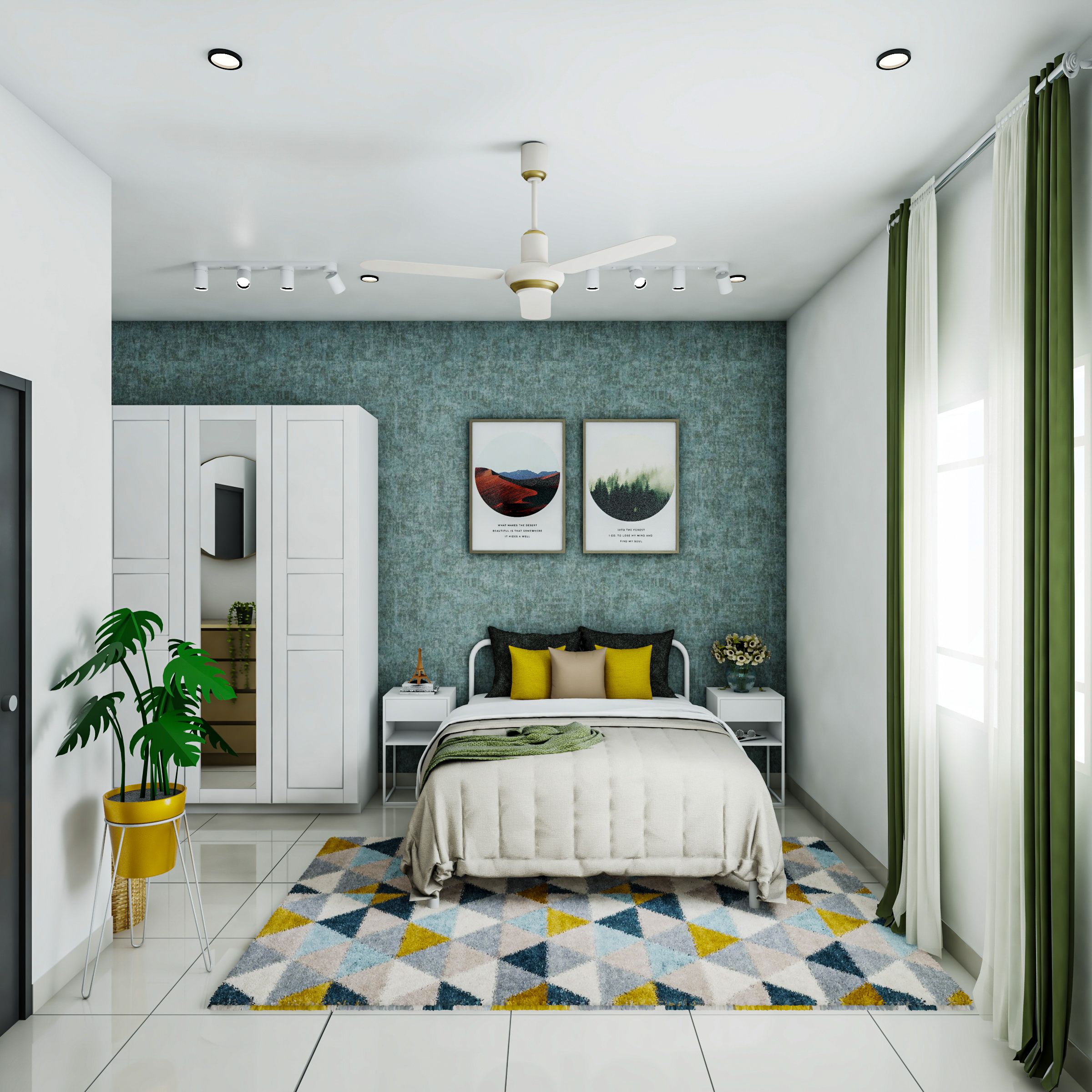 Modern Master Bedroom Design With Teal Accent Wall And Vibrant Rug